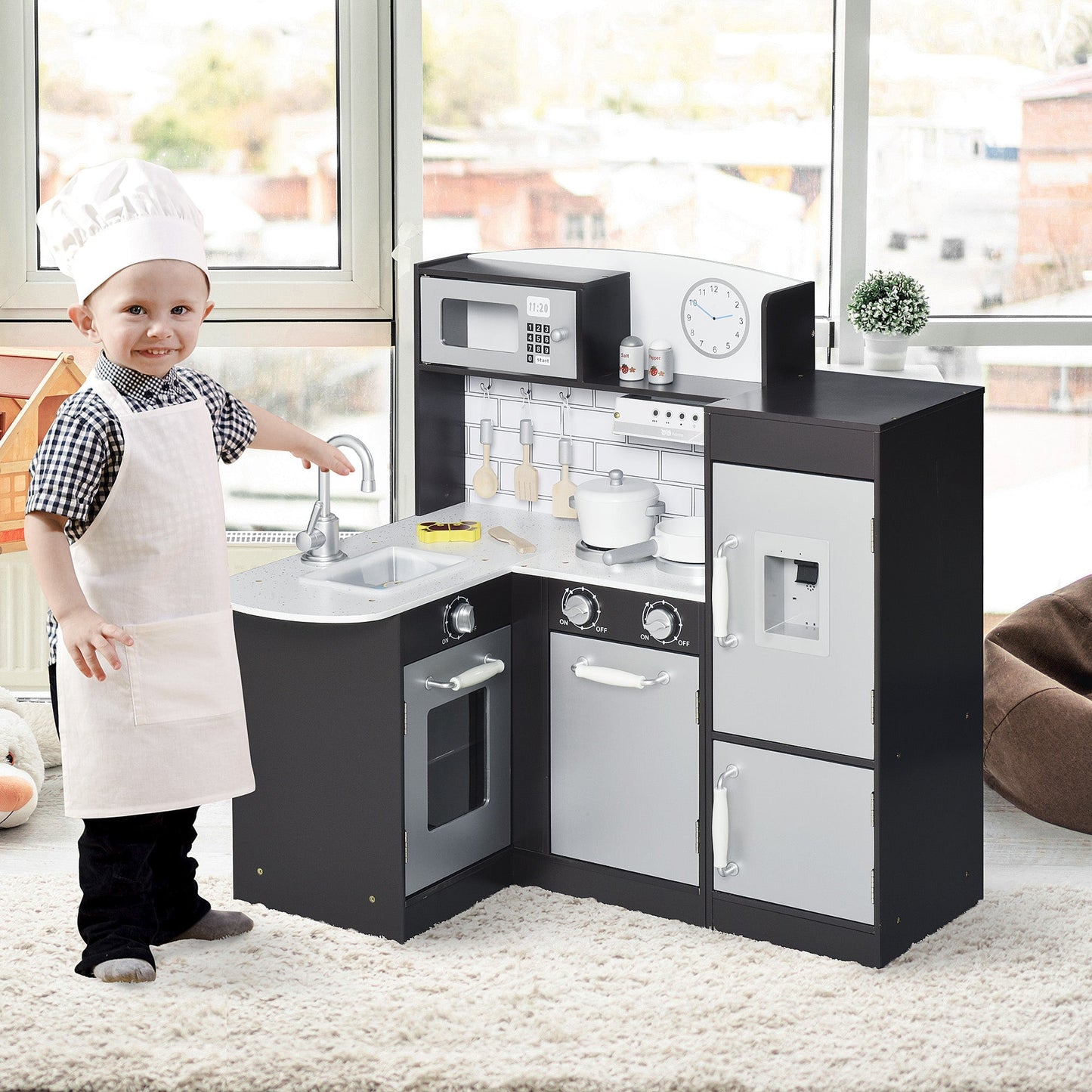 Kitchen for Children in Wooden Children With 14 Accessories, Oven, Sink, Frigo and Microwave, age 3+ years, 86x64x84.5cm, silver and brown - Borgè