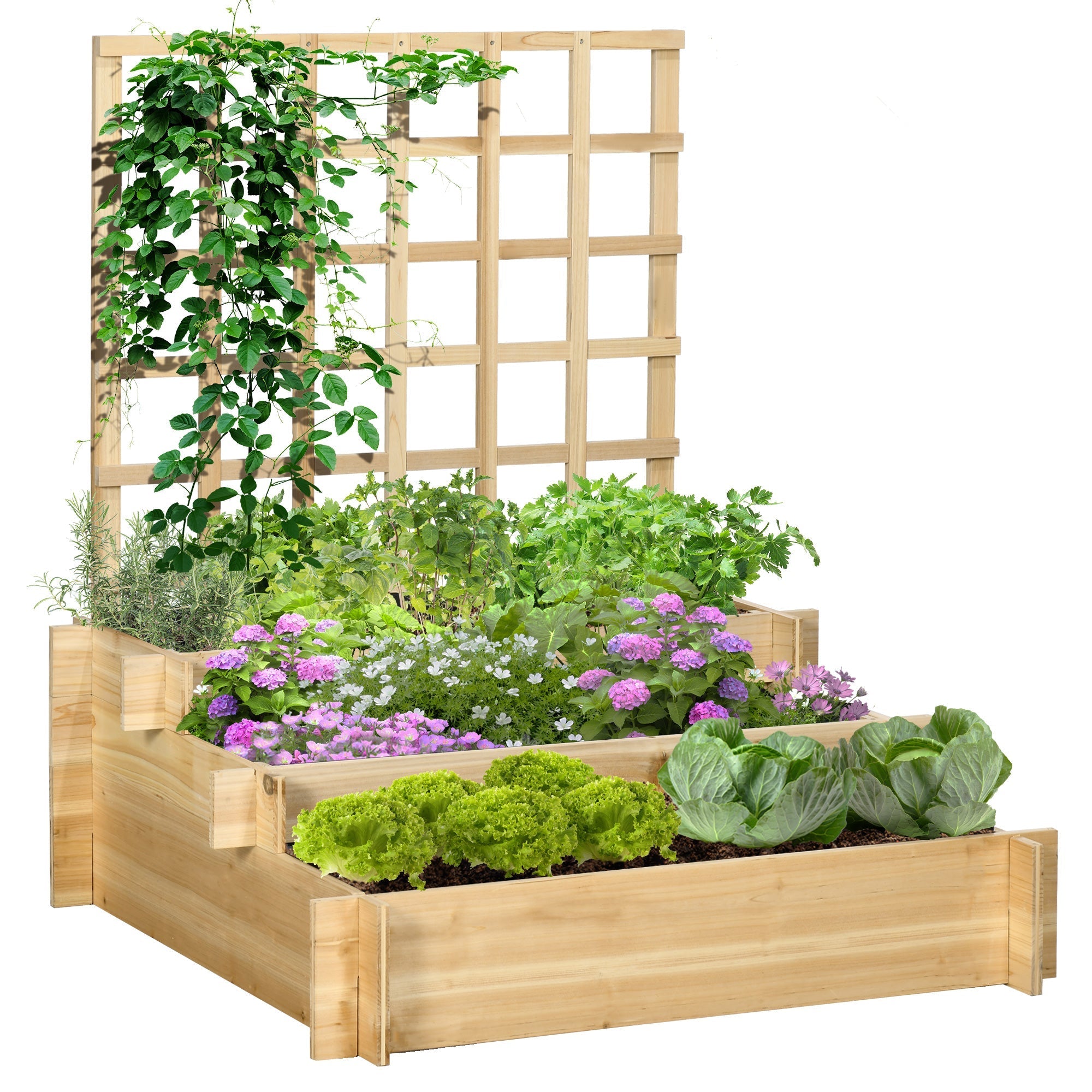 3-Tier Outdoor Planter with Fir Wood and Non-Woven Fabric Trellis, 95x95x110 cm - Borge' Group Limited