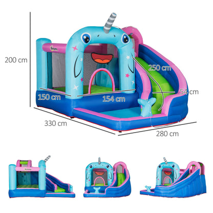 Inflatable Bouncy Castle for Children 3-8 Years Unicorn themed with Bag, 11 Stakes and Patches Included, 330x280x200 cm - Borgè