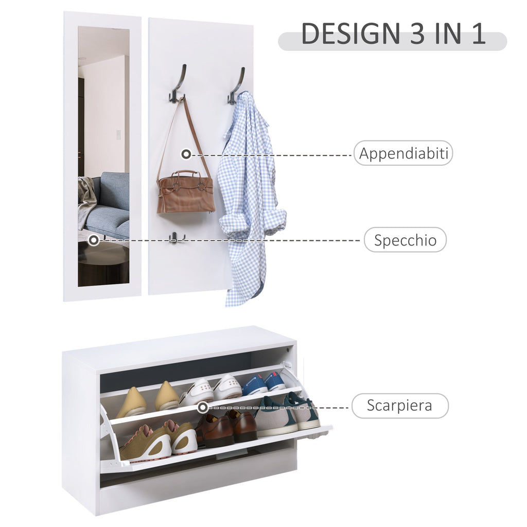 Mobile for wood entrance 3 pieces with shoe rack, hangers and mirror, 80x27x46.5cm - white - Borgè