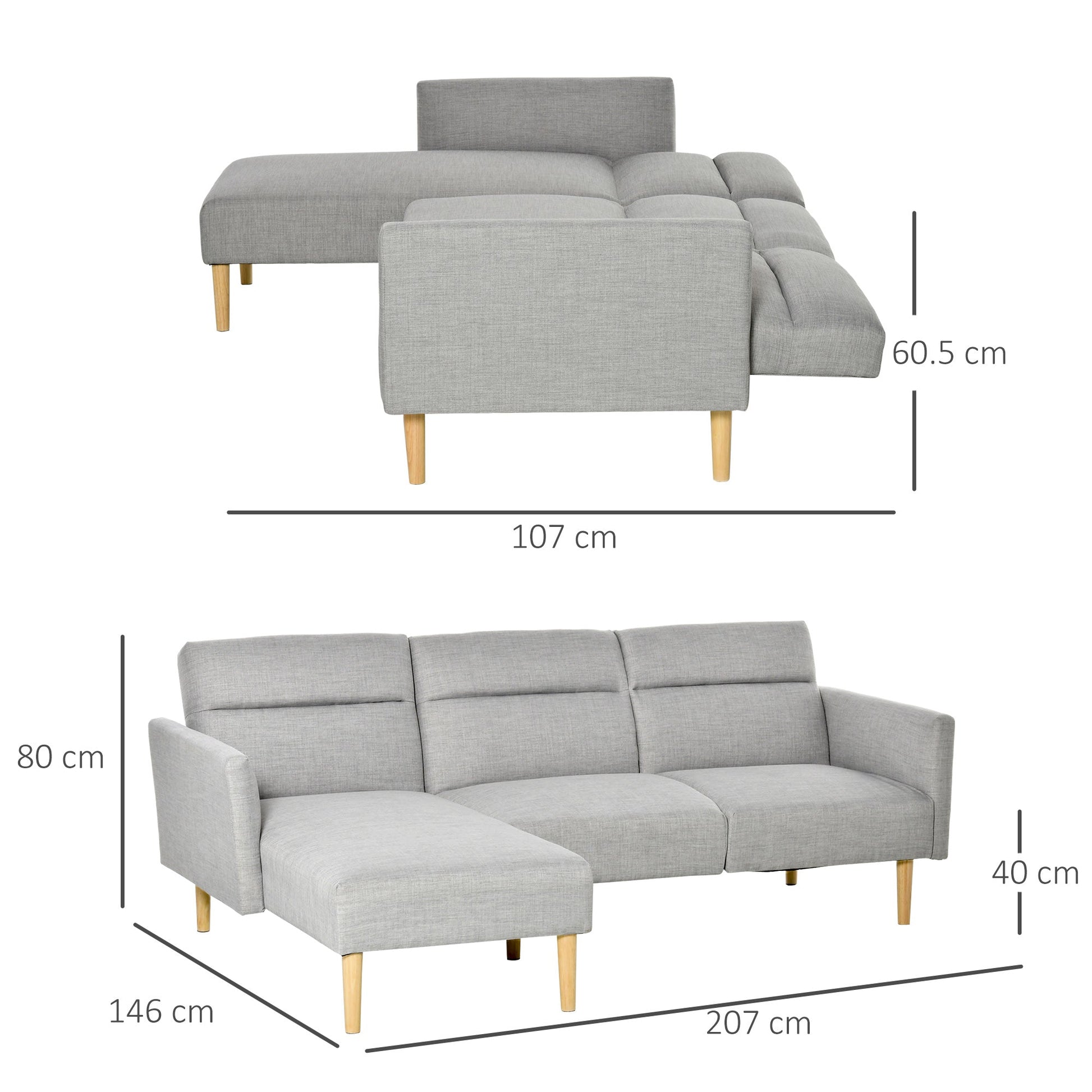 Homcom sofa bed 3 seats, angular sofa in gray fabric with adjustable backrest, Scandinavian style, 207x146x80cm - Borgè