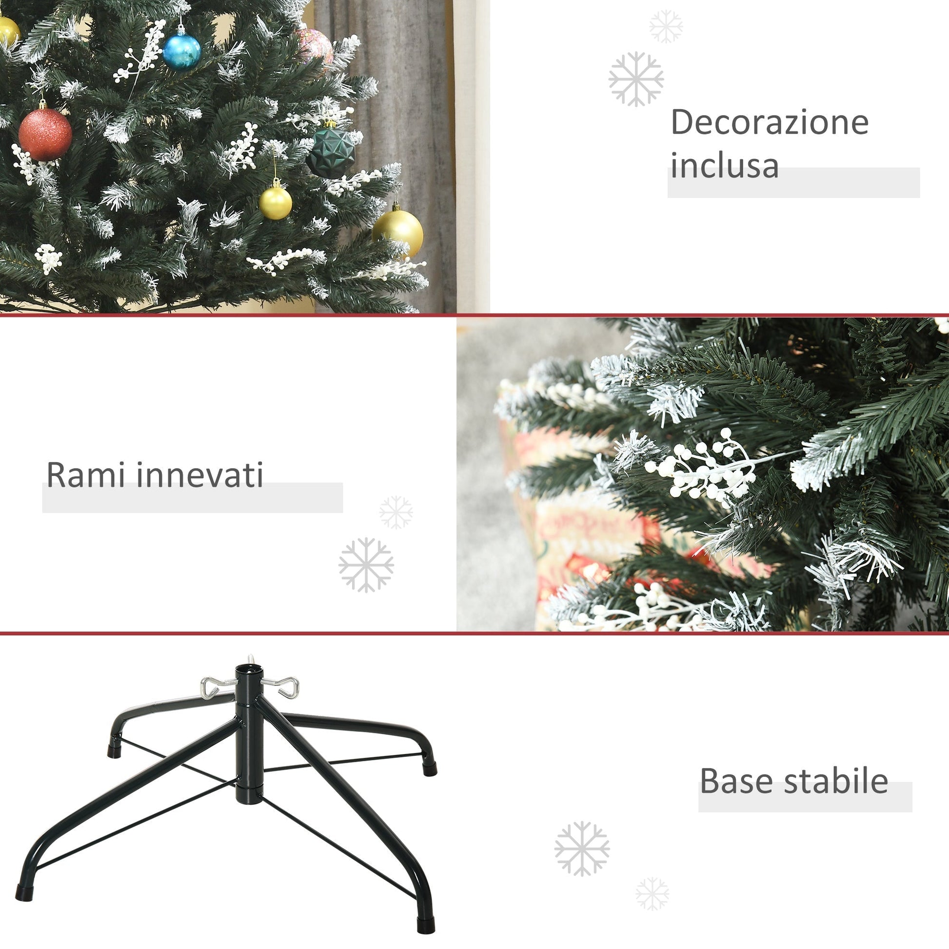 Christmas Tree with Snow Effect | 180cm Snowy Christmas Tree with White Decorative Berries, Removable Folding Base, 603 Branches, Green - Borgè