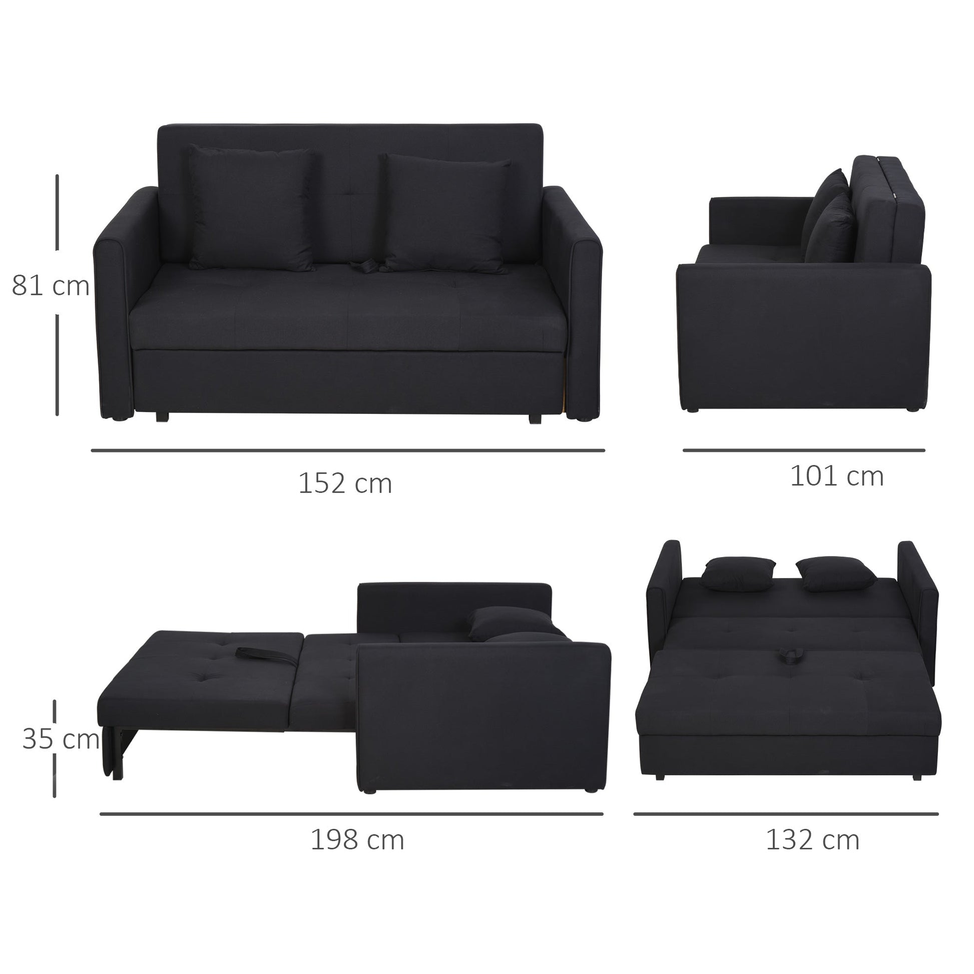 Sofa bed with storage space / 2 seater Sofa for living room and bedroom, in polycotone and rubber, dark Grey/Black - Borgè