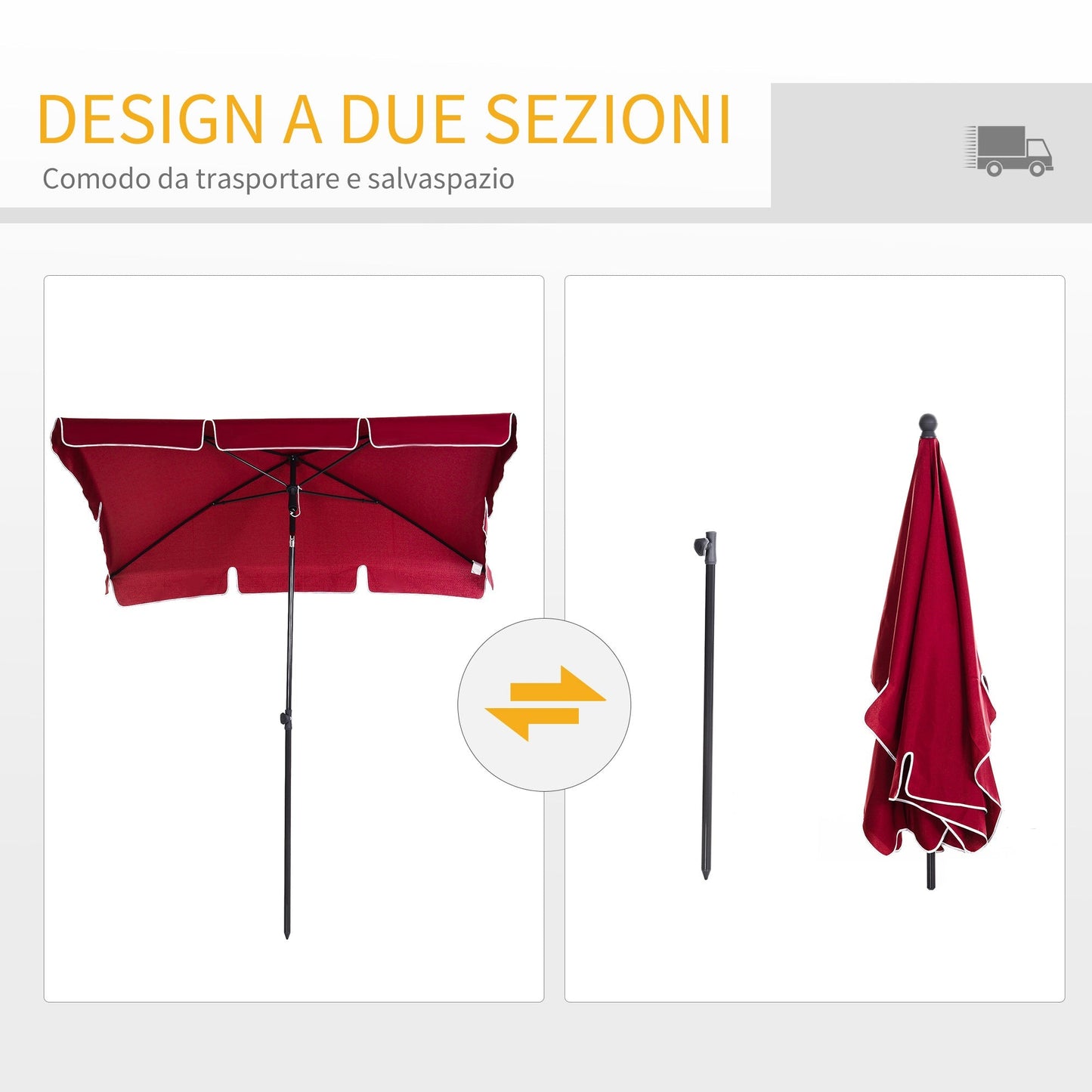 Outsunny rectangular garden umbrella with adjustable inclination and aluminum pole, 198x130x240cm, red and black - Borgè