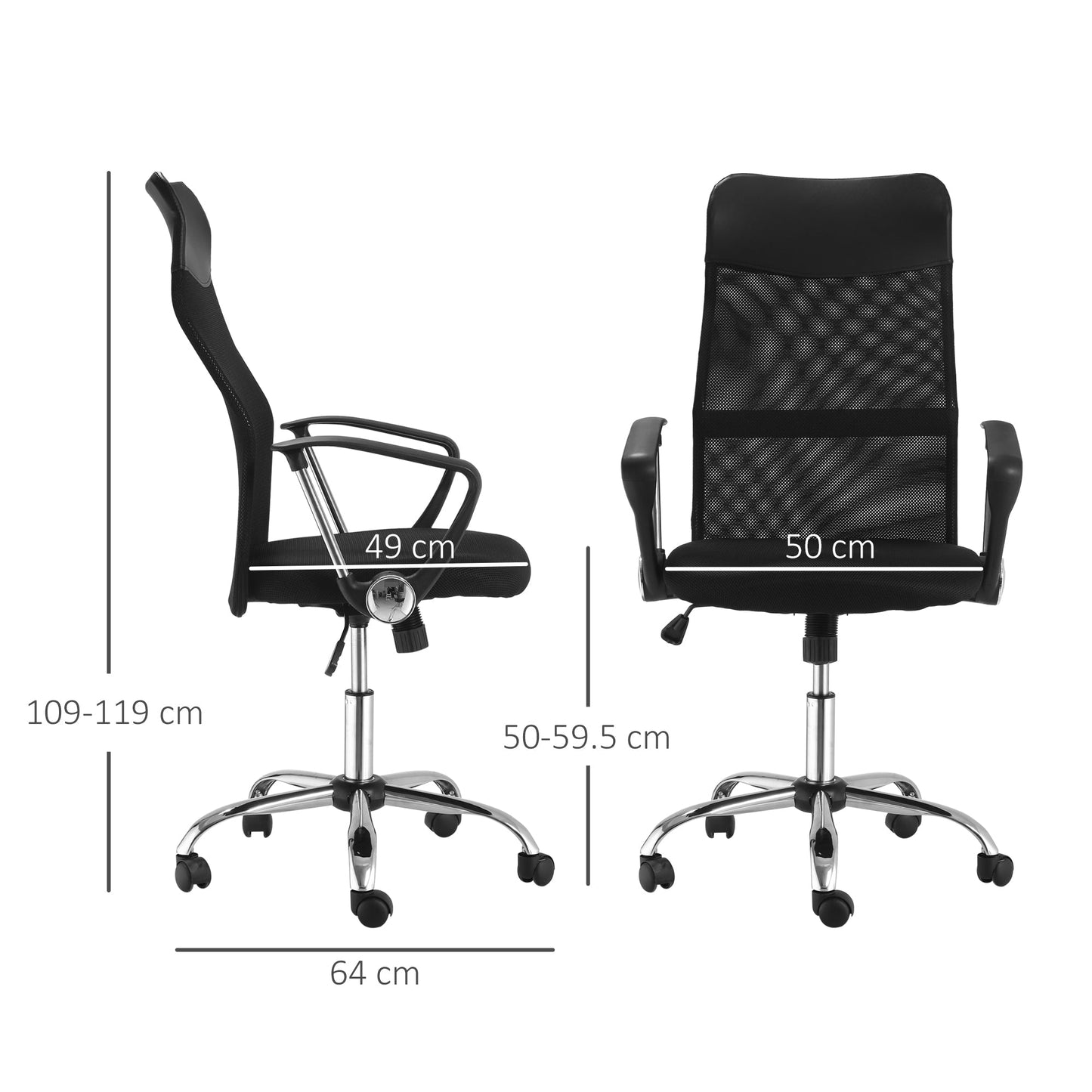 Homcom Ergonomic Highvilly Office Chair and Cork with wheels, adjustable height and mesh back, 63x65x109-119cm Black - Borgè