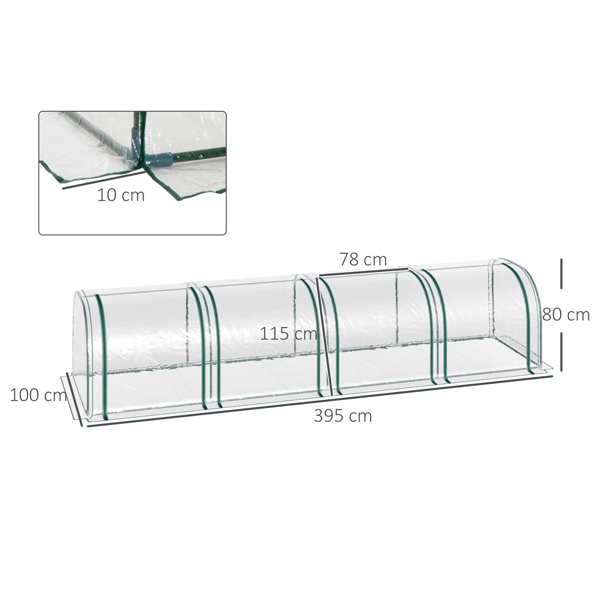 Waterproof and Anti-UV Steel and PVC Tunnel Greenhouse with 4 Hinged Doors, 395x100x80 cm - Borge' Group Limited