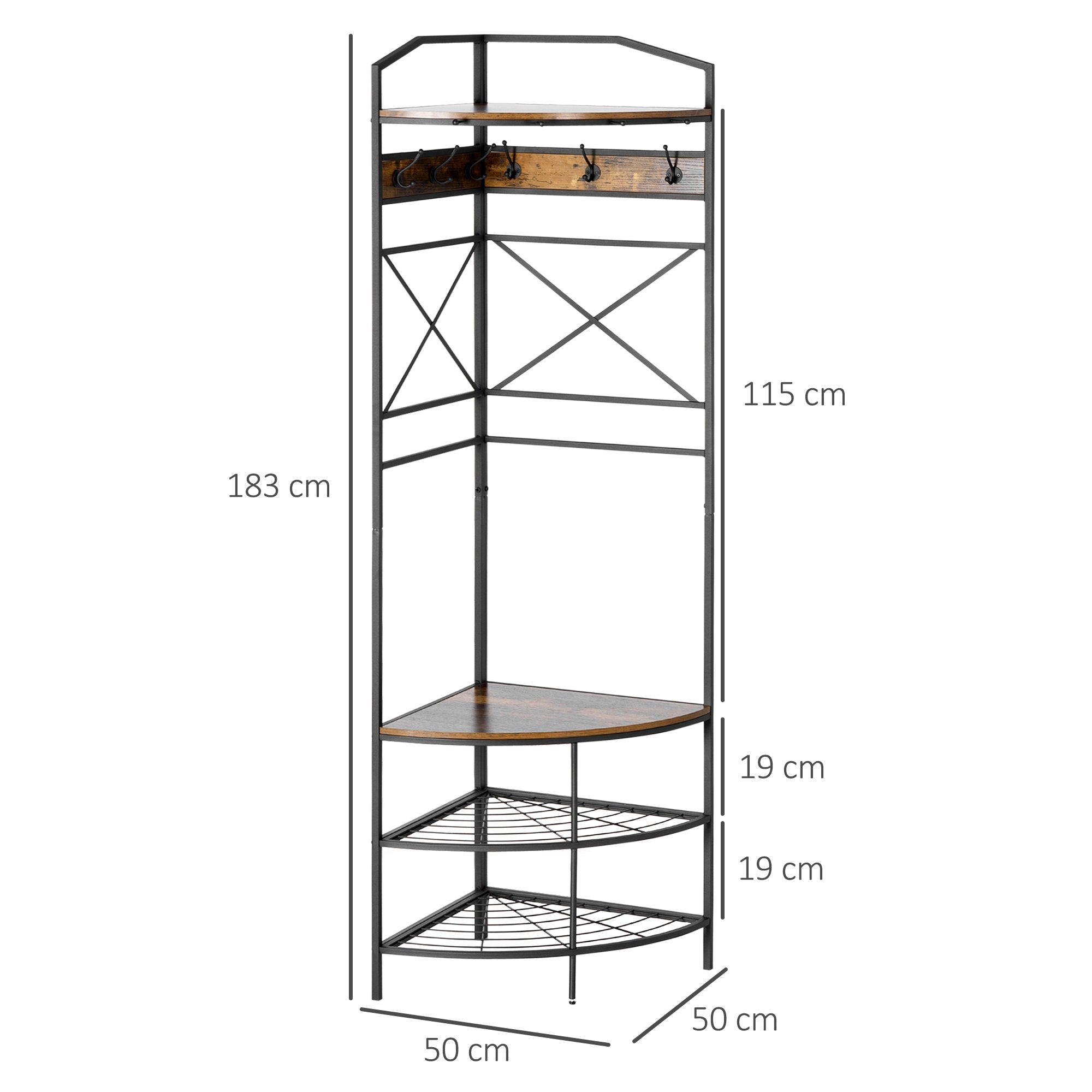 Hanging from angular earth with bench and industrial style shoe rack, 50x50x183cm, brown - Borgè