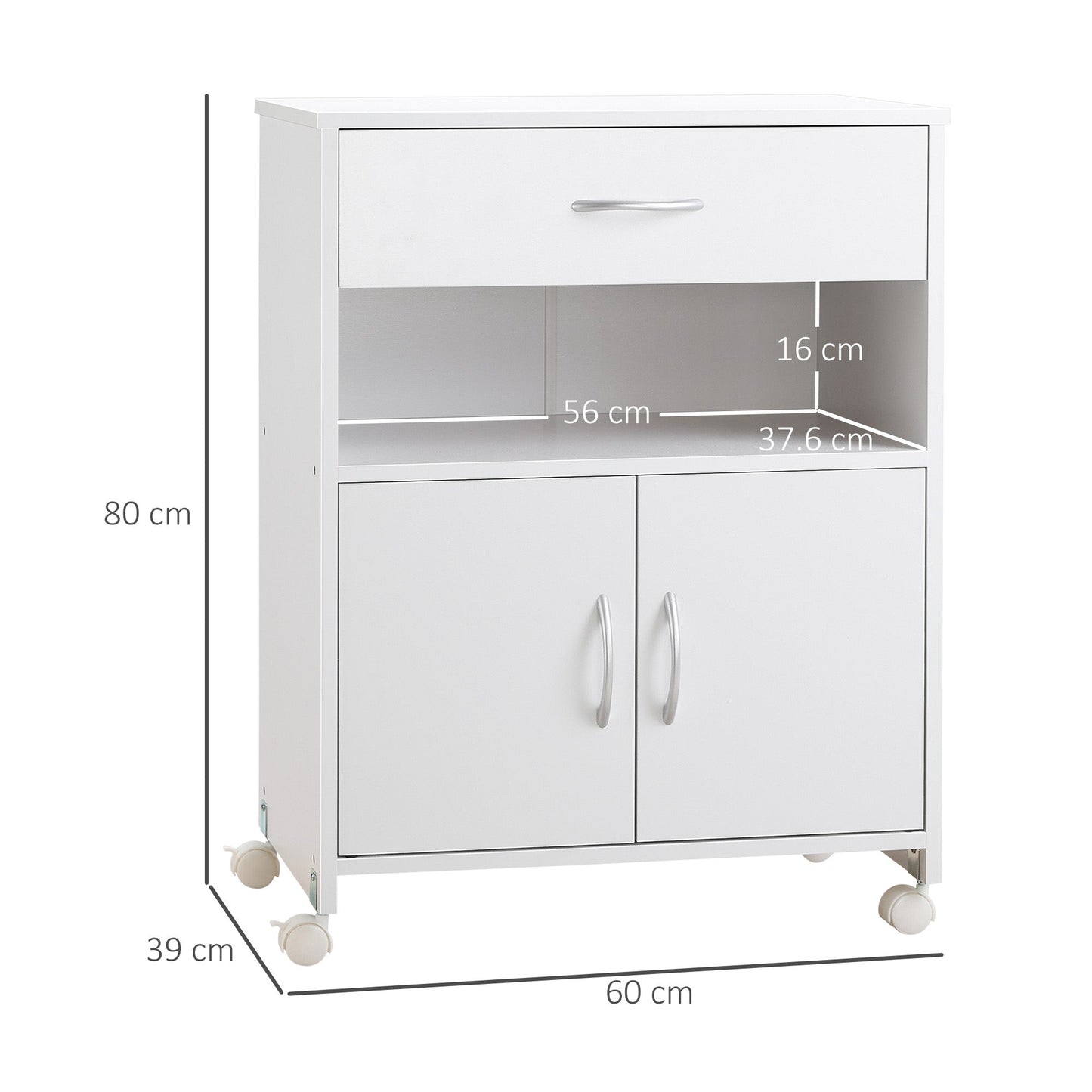 Cabinet Printer Stand with 4 Wheels, Drawer and Cabinet, 60x39x80cm - White - Borgè