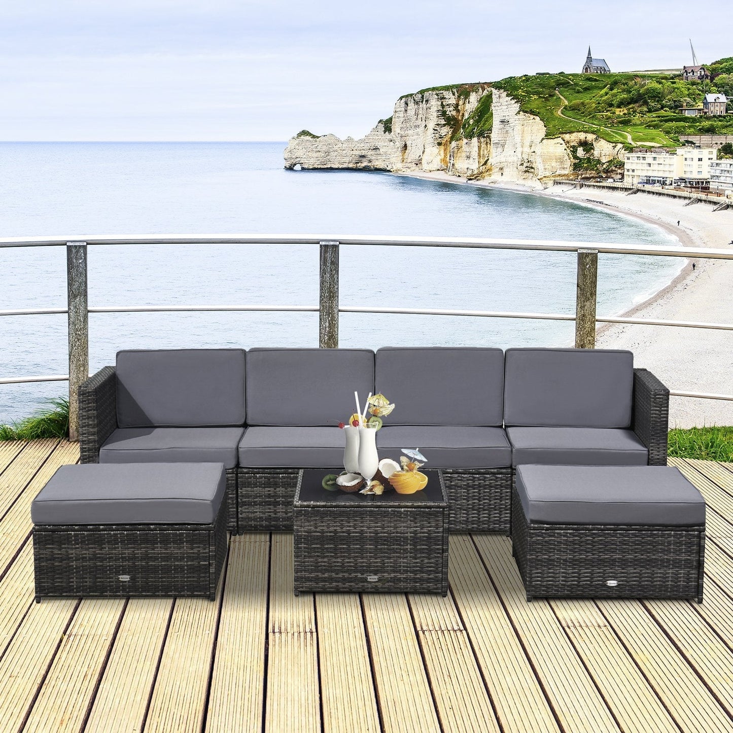 KELLY | 7 Pcs Rattan Set for Outdoor with Grey Cushions - Borgè