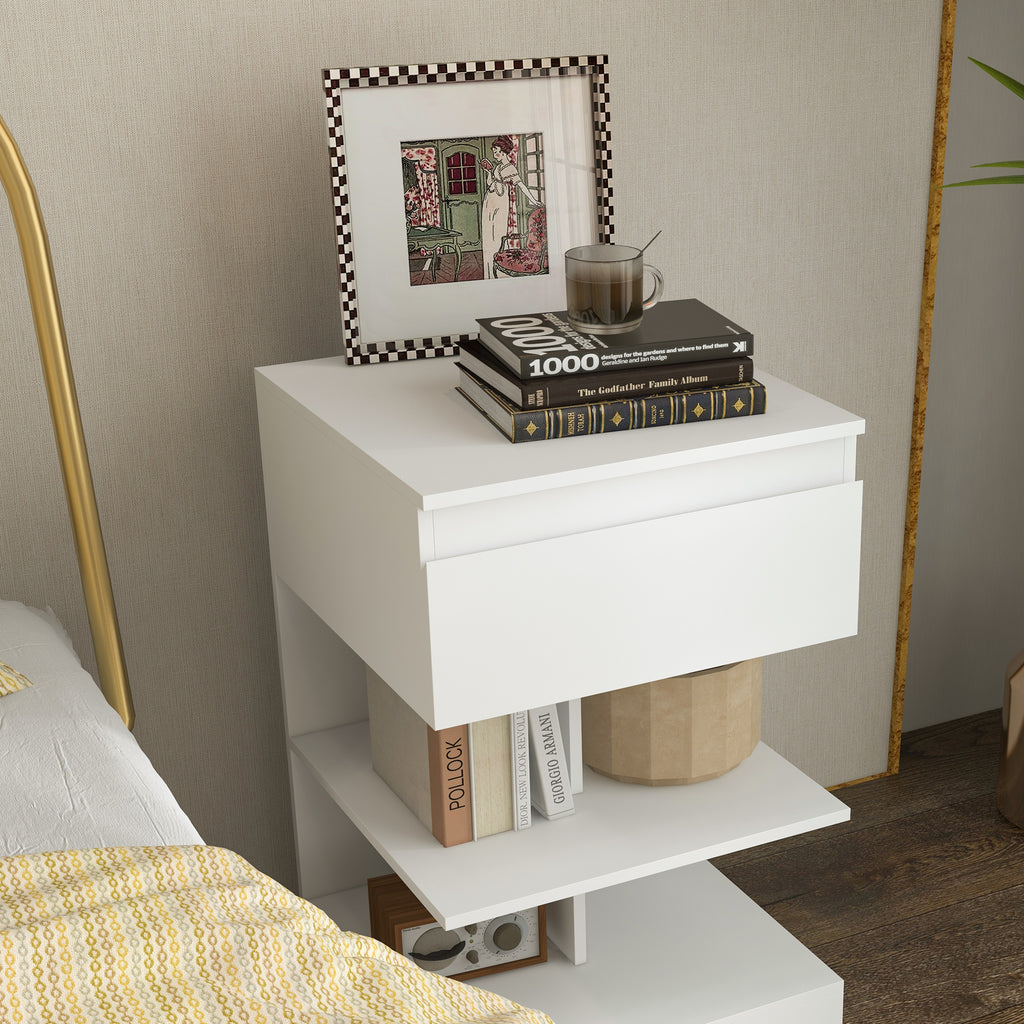 Homcom modern bedside table in chipboard and mdf with a drawer and 2 shelves, 39x39x65 cm, white - Borgè