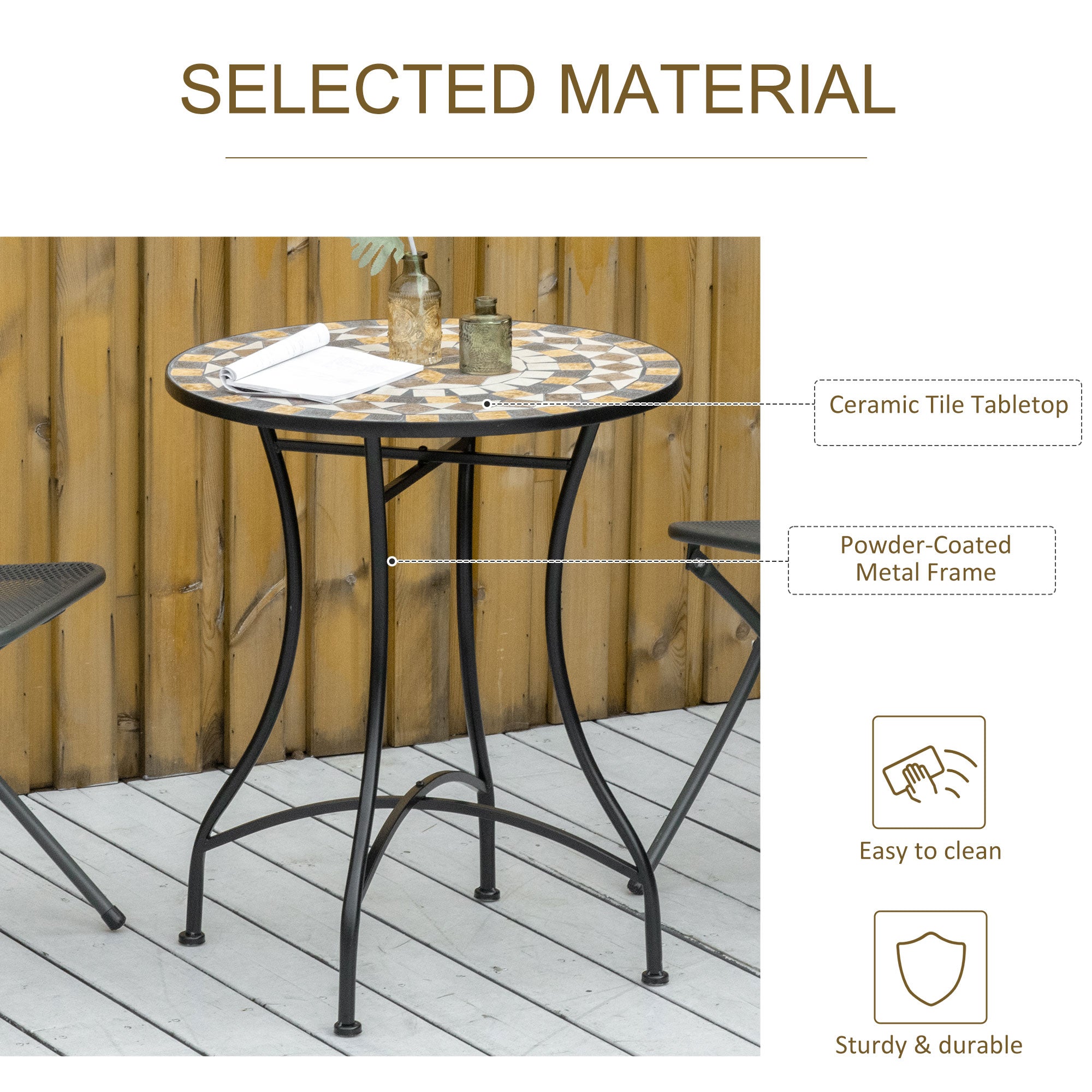 Round Metal and Mosaic Garden Table for Outdoor and Indoor Use, 60x71cm, Black - Borge' Group Limited