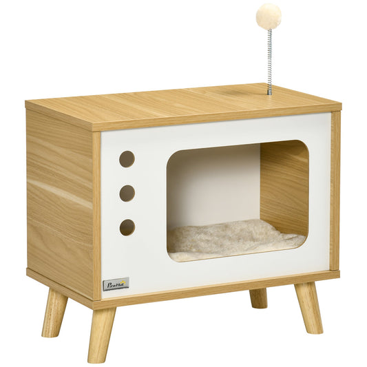 PAWHUT Cats for cats in chipboard in the shape of a TV with pillow and toy ball, 50x28x43 cm - Borgè