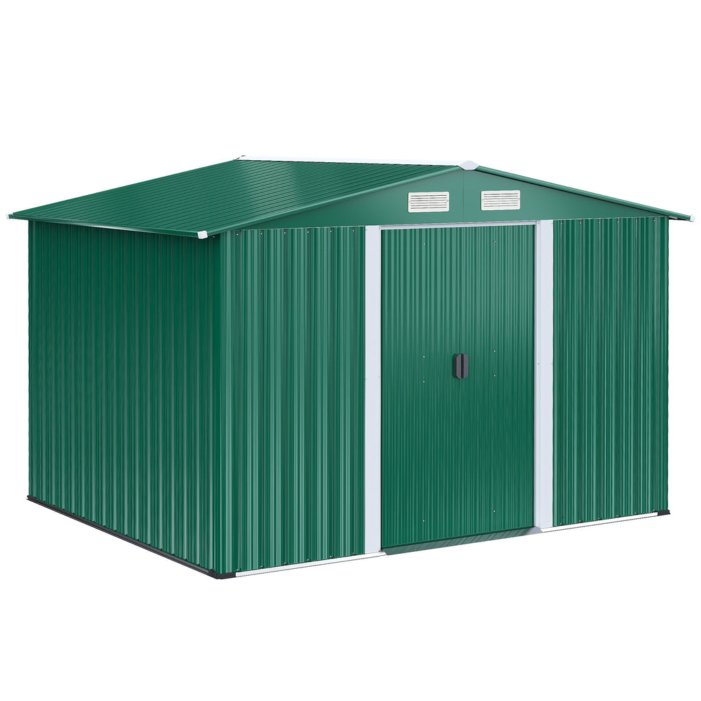 Steel Sheet Garden Tool Shed, Steel Garden Shed with Structure Base and Sliding Doors, 258x206x178cm, Green - Borge' Group Limited