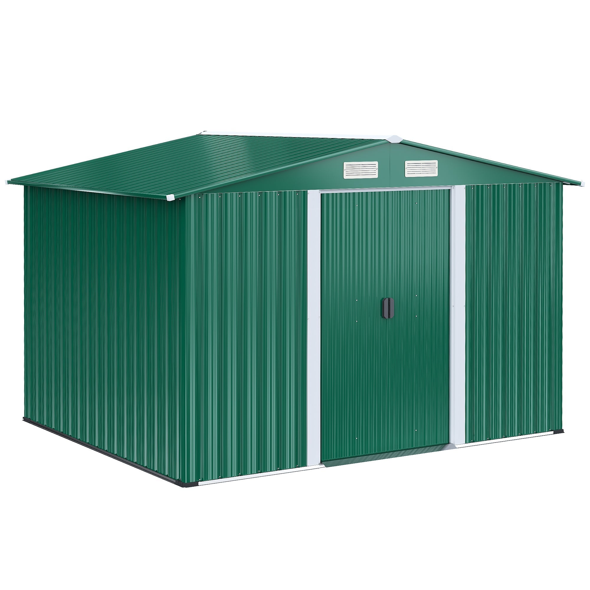 Steel Sheet Garden Tool Shed, Steel Garden Shed with Structure Base and Sliding Doors, 258x206x178cm, Green - Borge' Group Limited