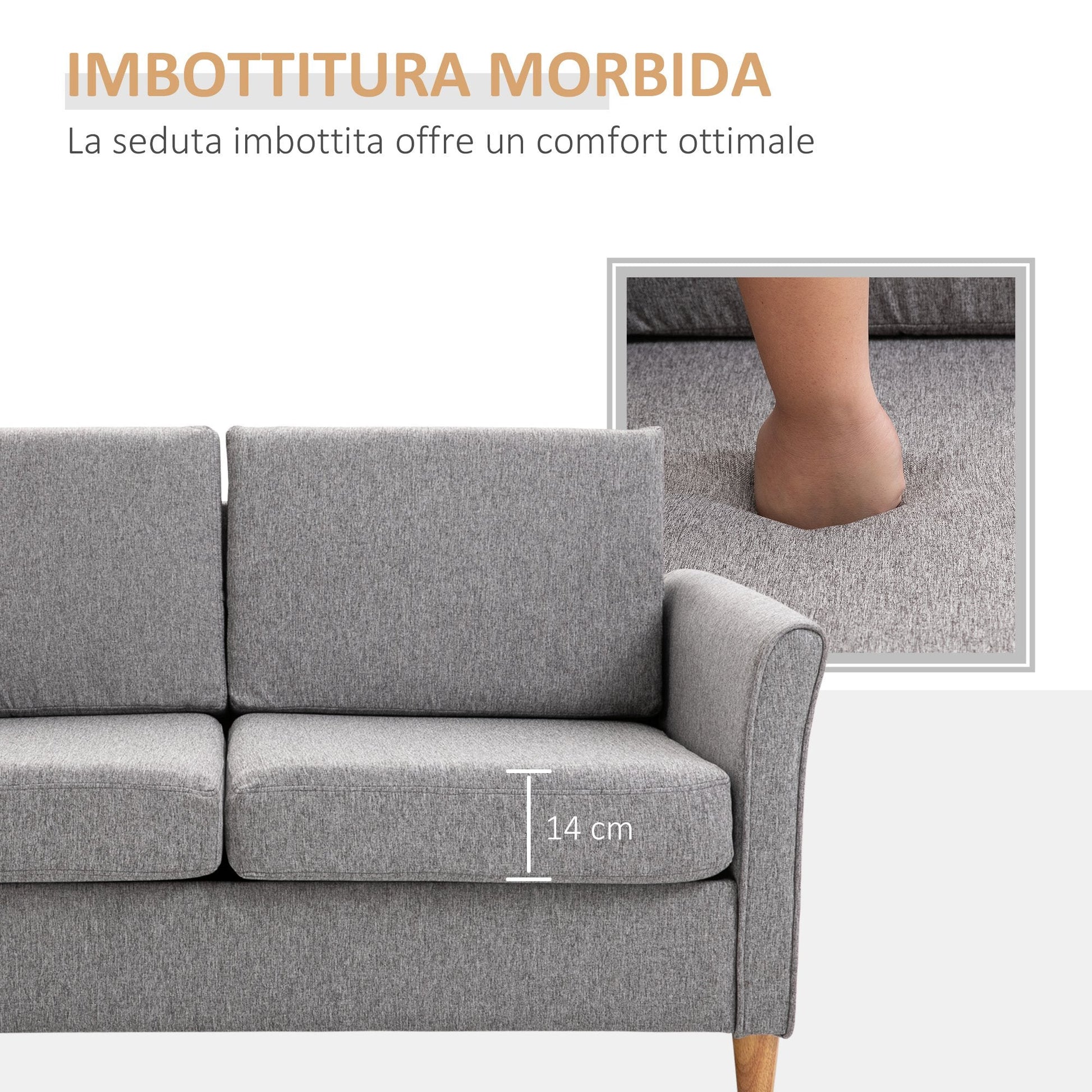 Sofa two seats Modern and compact line in Grey and wood linen (70cmx141cmx78cm) - Borgè