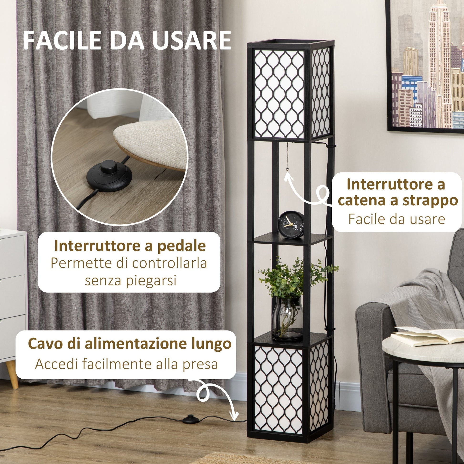 column ground lamp in mdf and plastic with 2 shelves, for living room, study and bedroom, 26x26x156 cm - Borgè