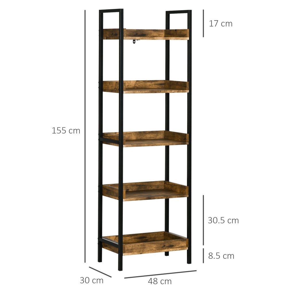 Homond industrial style bookcase with 5 wooden and metal shelves, 48x30x155cm, rustic brown - Borgè