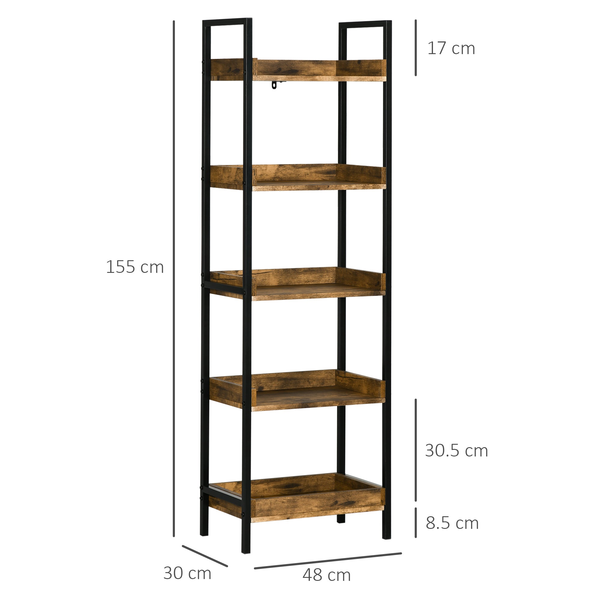 Homond industrial style bookcase with 5 wooden and metal shelves, 48x30x155cm, rustic brown - Borgè