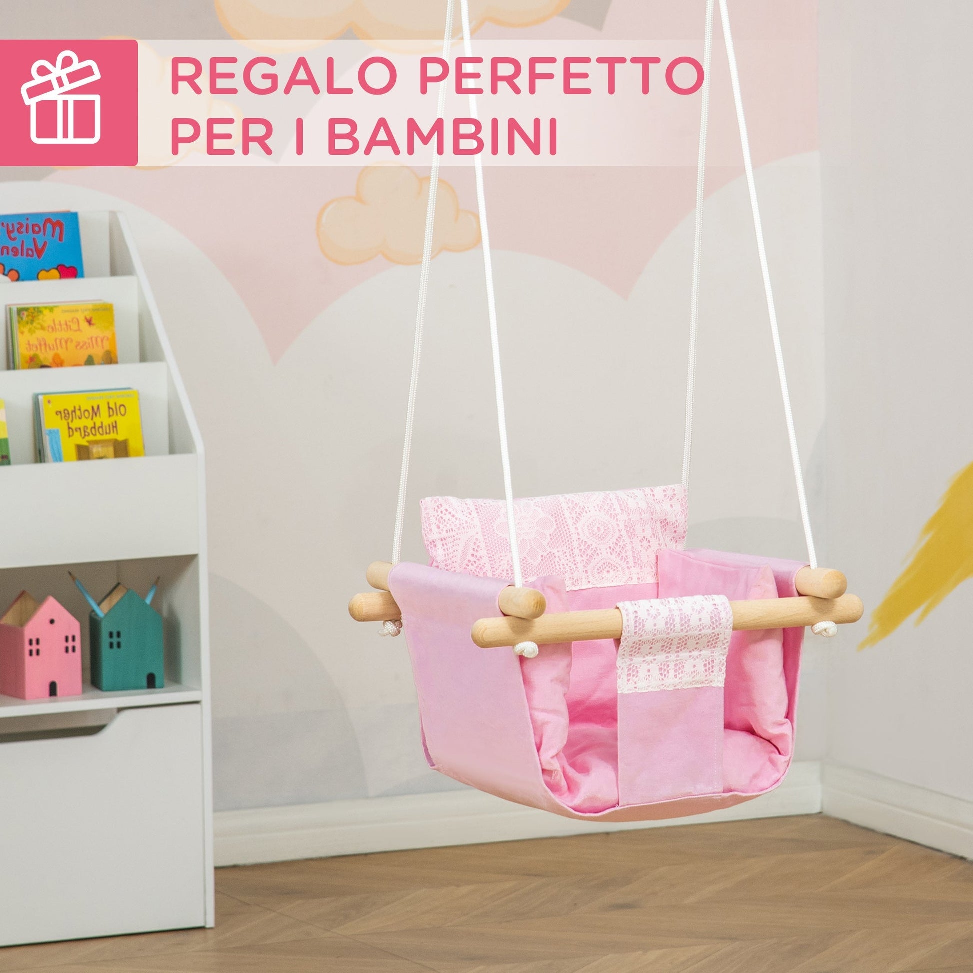 Outsunny Seagin swing for children in fabric and wood with pillow, 40x40x180cm, pink - Borgè