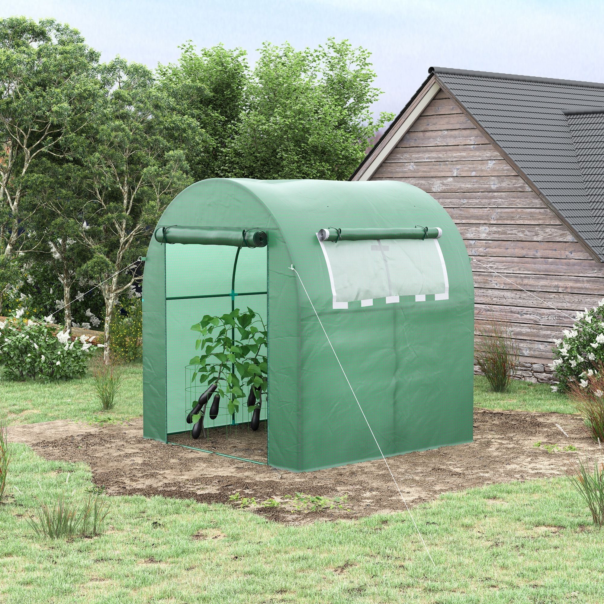 Greenhouse Tunnel Garden Greenhouse with Roller Doors and Windows in Green PE, 180x180x200cm - Borge' Group Limited