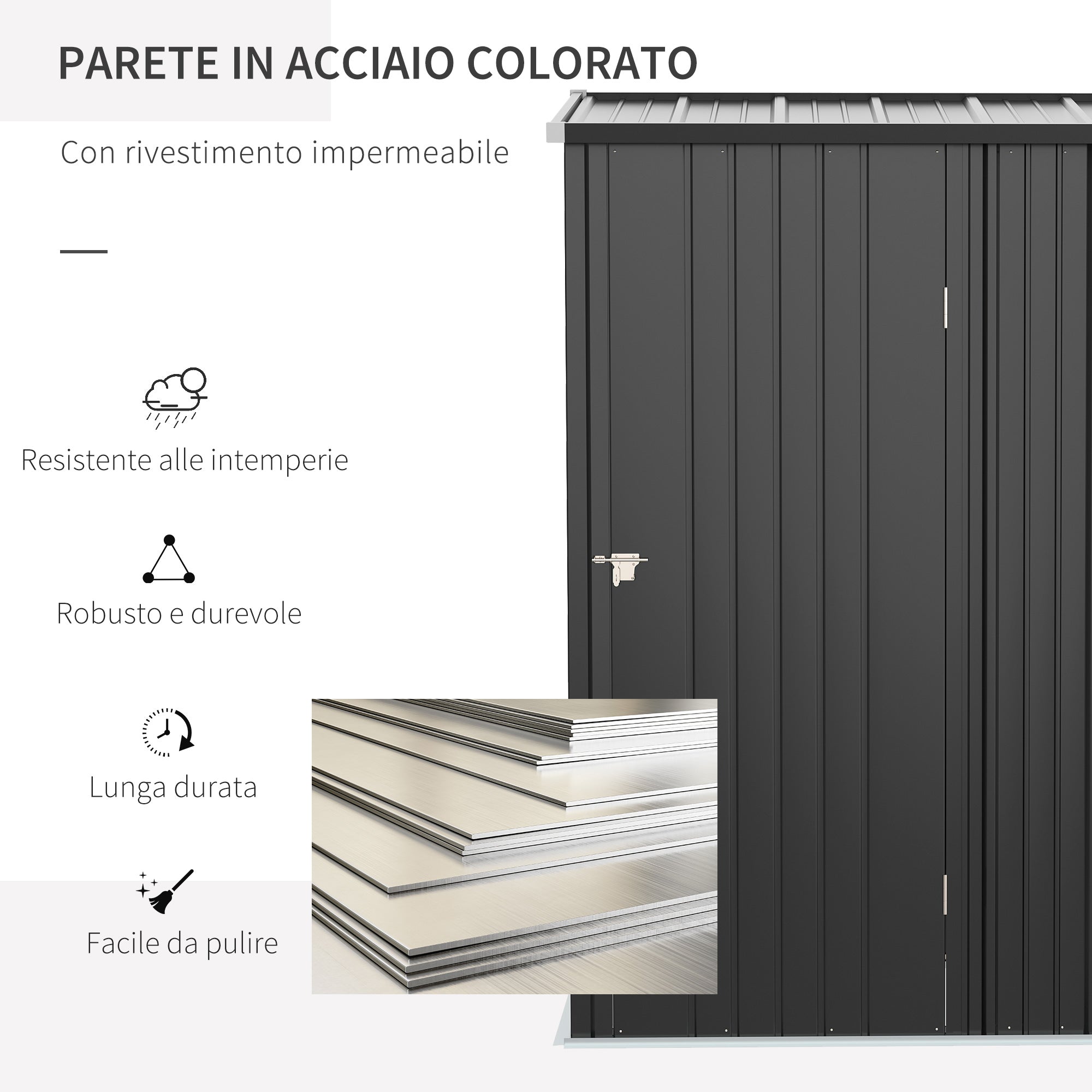 Garden Shed Tool Storage Shed in Steel Sheet with Lock, 161.5x94. 5x196cm, Black - Borge' Group Limited