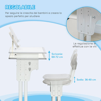 School desk with adjustable height chair and light for children 6-12 years, steel and mdf, Grey - Borgè