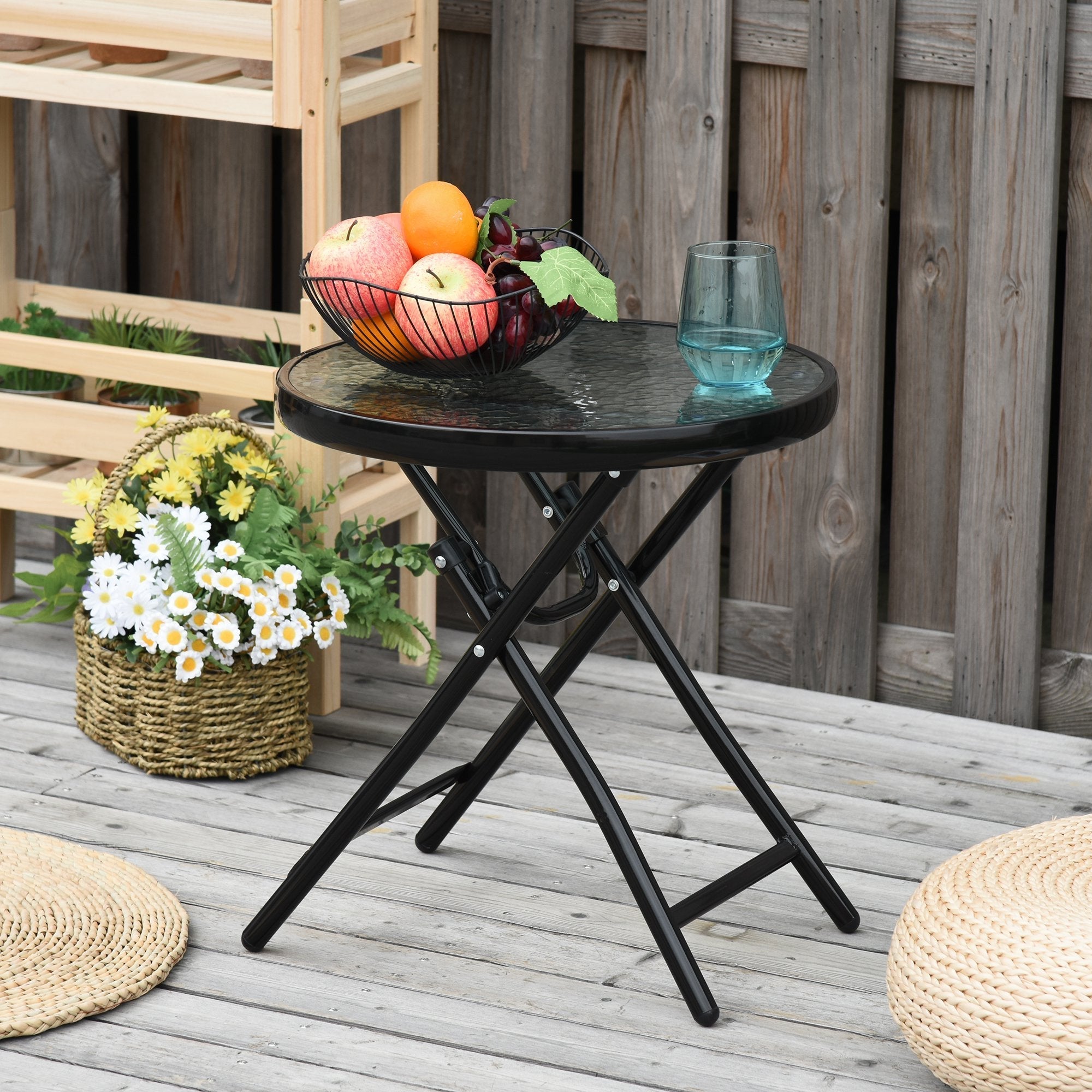 Folding Metal Garden Table, Small Garden Table with Glass Top and Safety Lock, Φ45x50cm Black - Borge' Group Limited