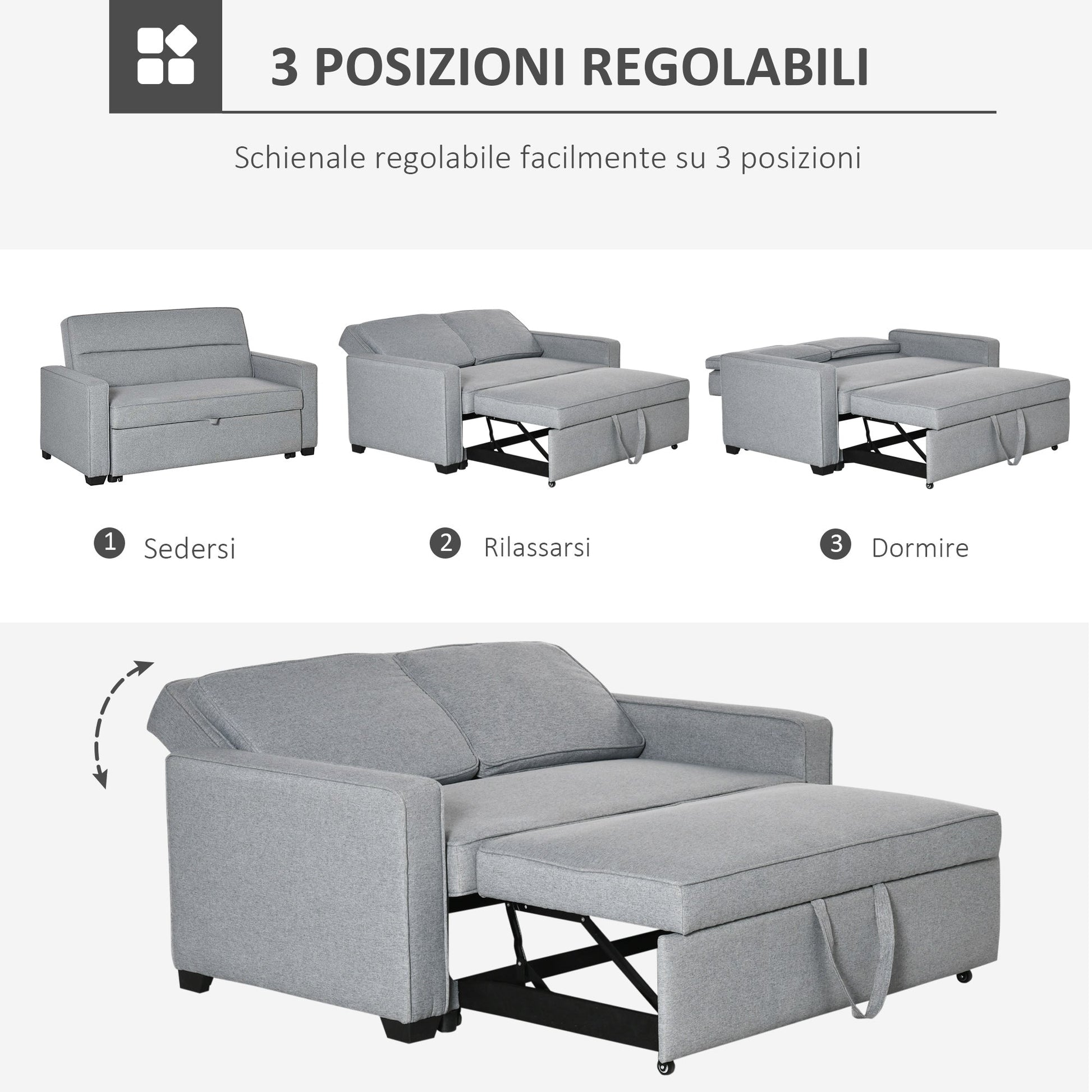 Sofa Bed at 1 Fabric square, 2 seater seat and back to 3 reclinations, 154x87x89cm - Grey - Borgè