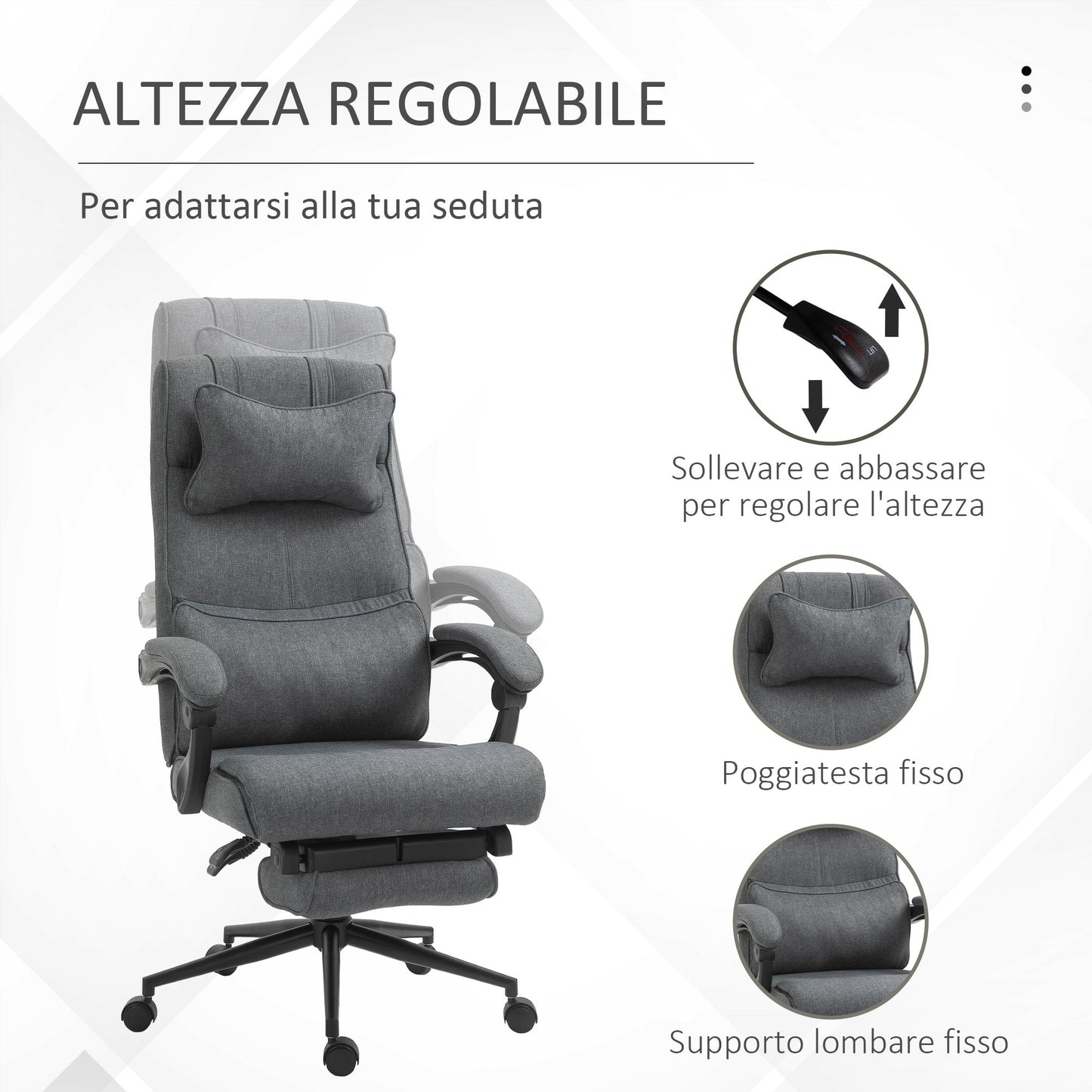 Ergonomic office chair with adjustable height with armrests and footrests, 66x70x115-123 cm, Grey - Borgè