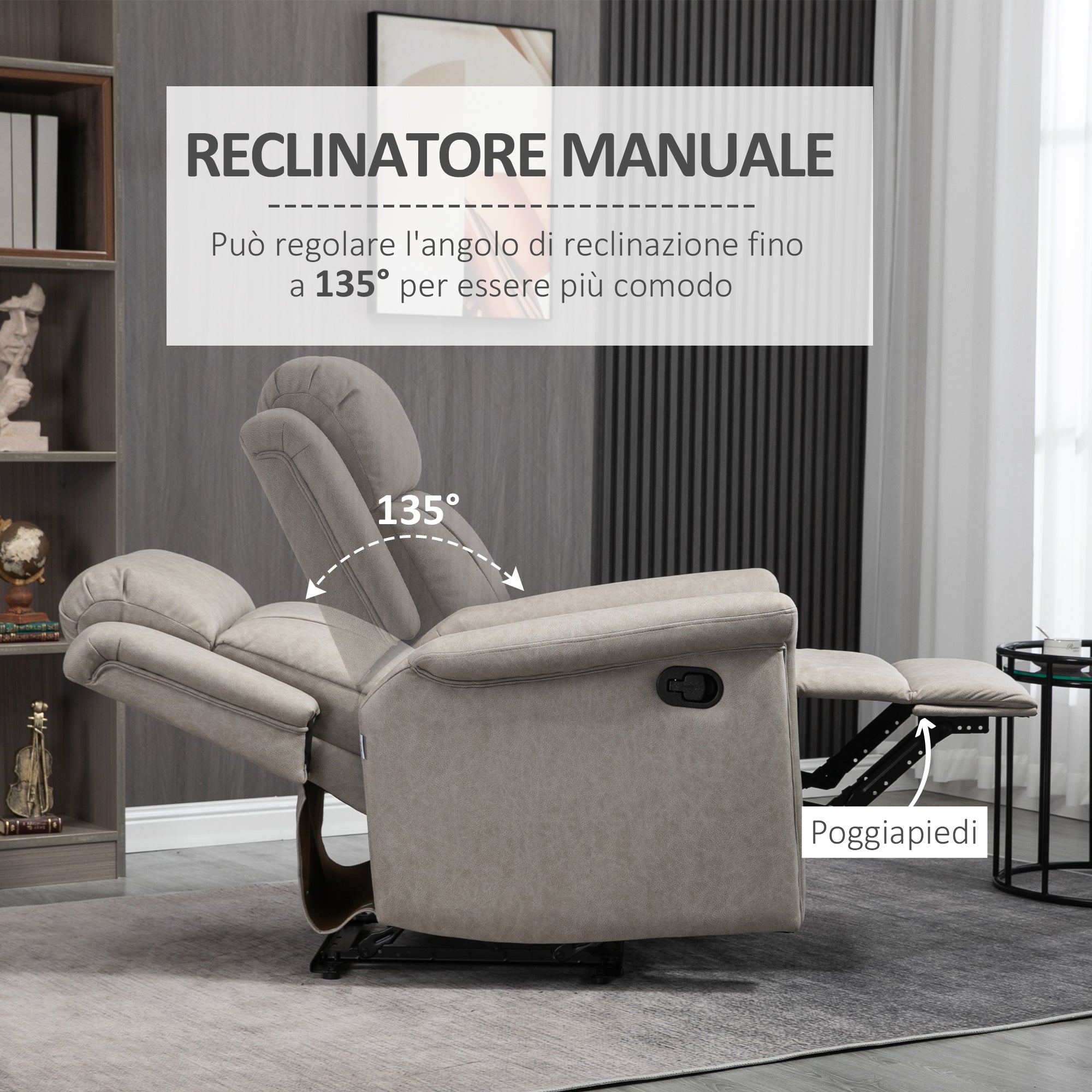 Retlinable armchair manually 135 ° with footrests, headrests and padded armrests, 78x96x102 cm, Grey - Borgè