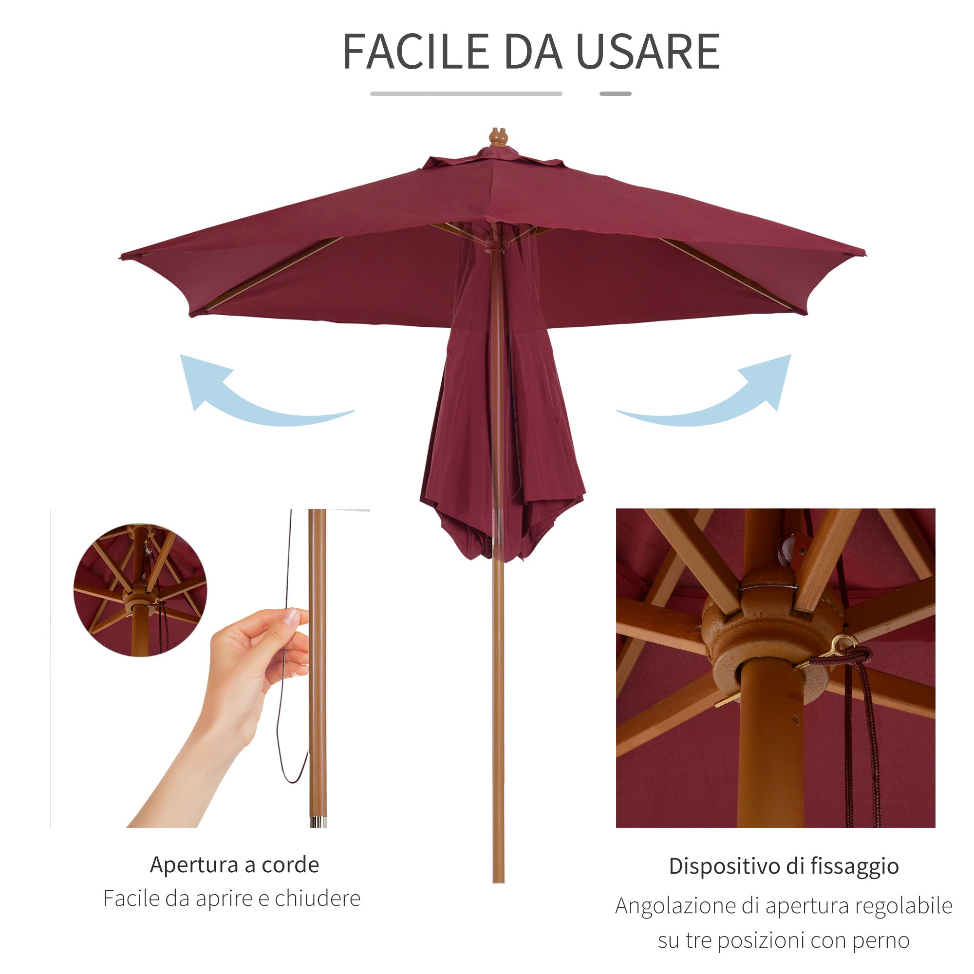 Round Garden Umbrella, Wood and Polyester with Rope Opening, 2.5x2.3 m, Bordeaux - Borge' Group Limited