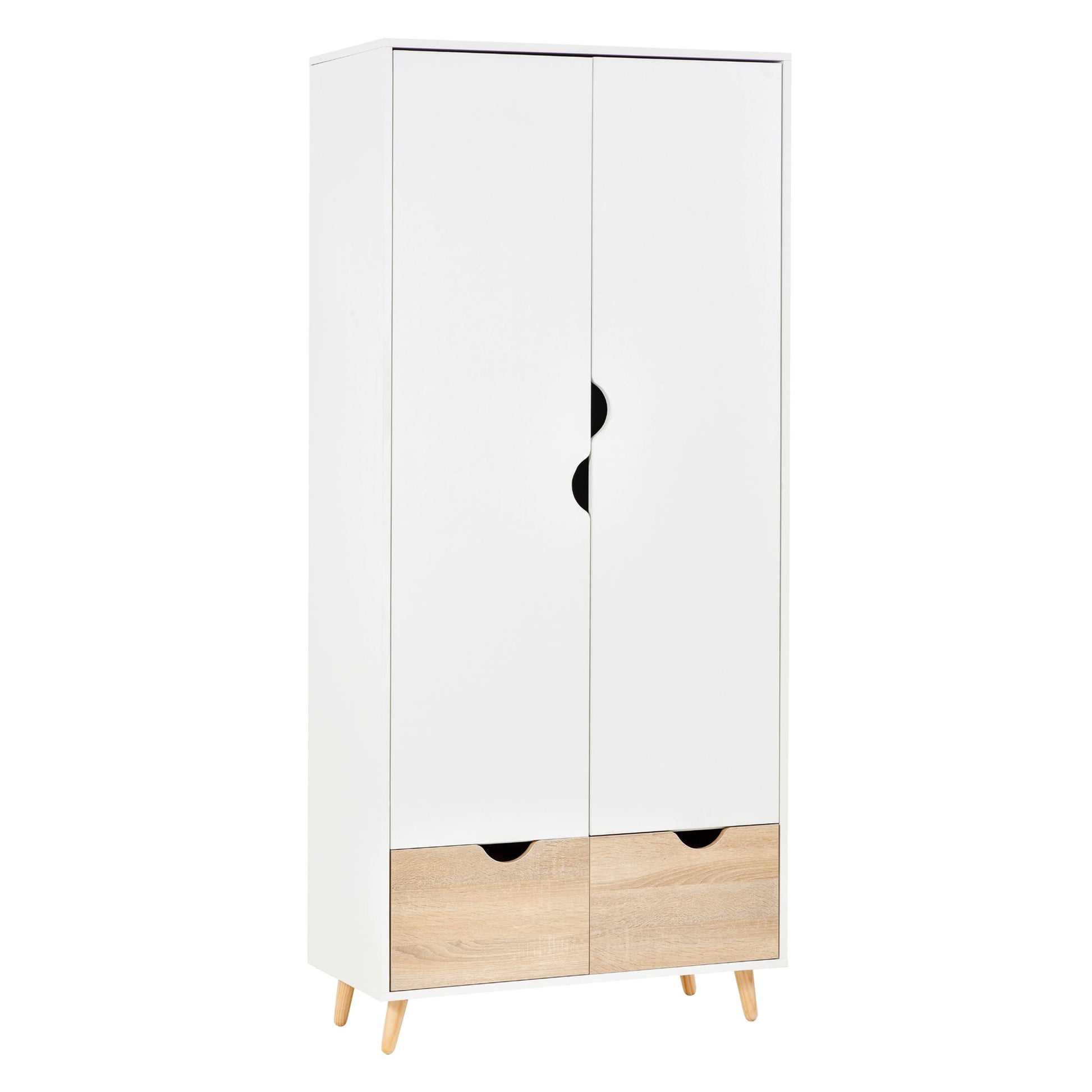 wardrobe with two wooden doors with 1 shelf and 2 drawers with white carved handles - Borgè