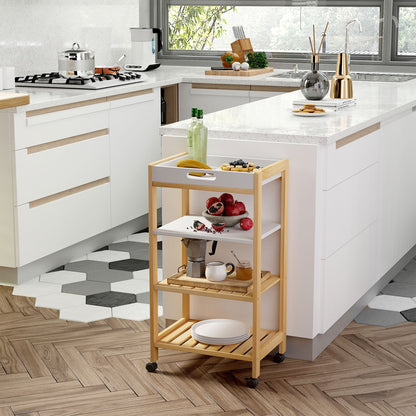 Wooden Trolley on 4 Level Kitchen Trolley  in Pine wood and 4 swivel wheels | 40x30x76 cm