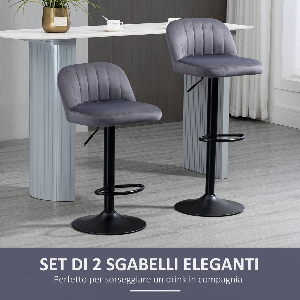 Set of 2 Bar Stools with Backrest and Footrest, Swivel with Adjustable Height, Grey - Borgè
