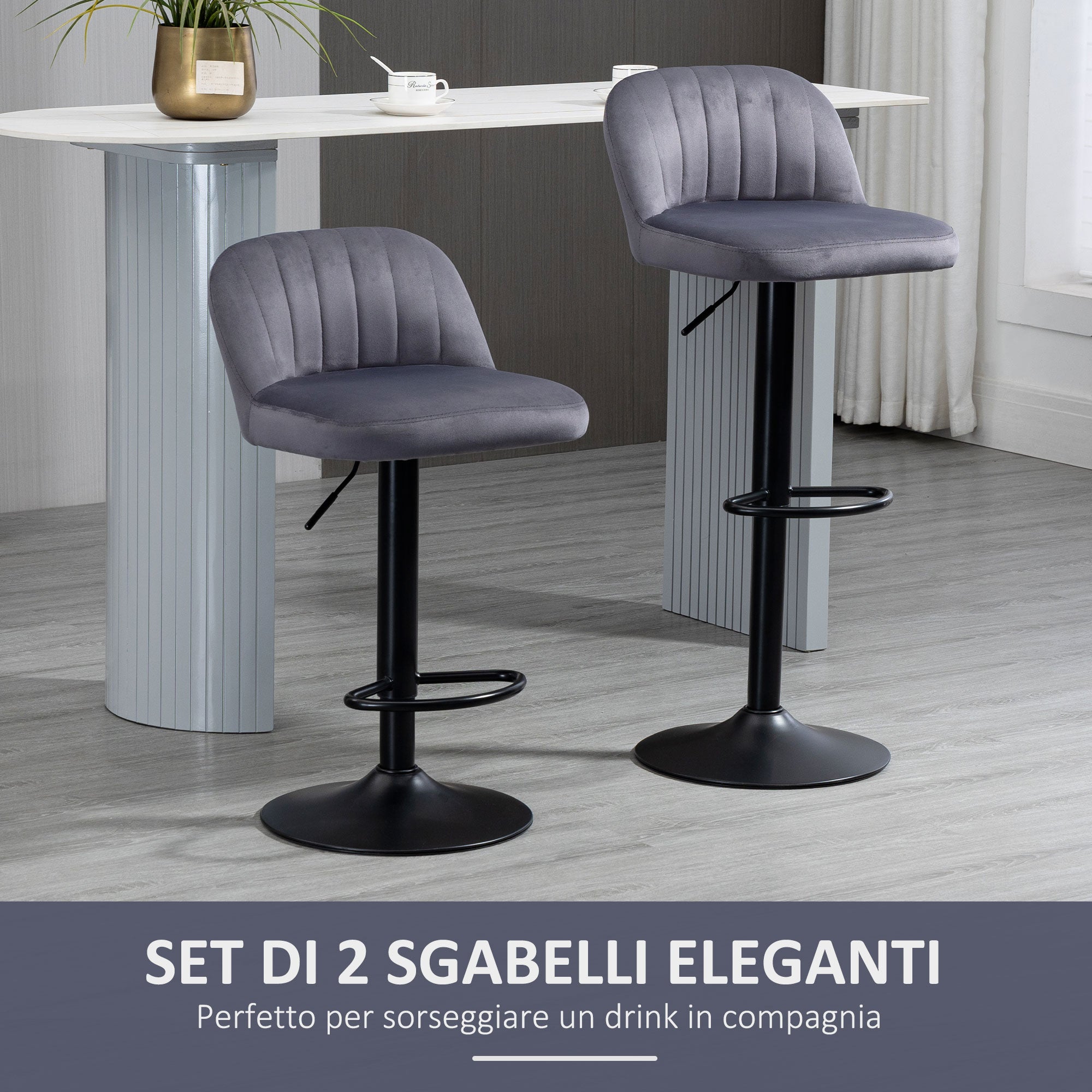 Set of 2 Bar Stools with Backrest and Footrest, Swivel with Adjustable Height, Grey - Borgè