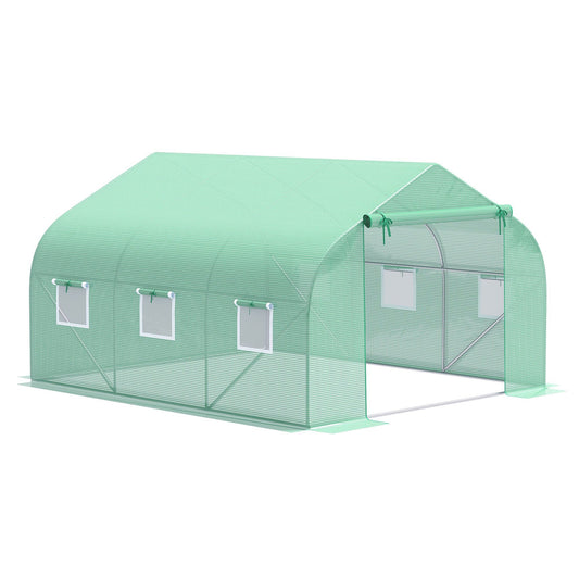 Outsunny 3.5 x 3 x 2m Garden Greenhouse with PE Sloping Roof, Door and 6 Windows, Green - Borgè