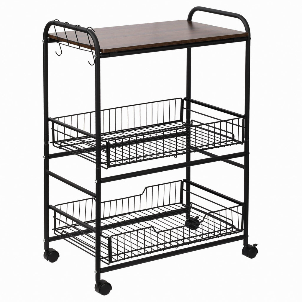 Kitchen Trolley Industrial Style spirits with 4 wheels, 2 baskets and 4 hooks, 60x38x85.5cm - brown/black - Borgè