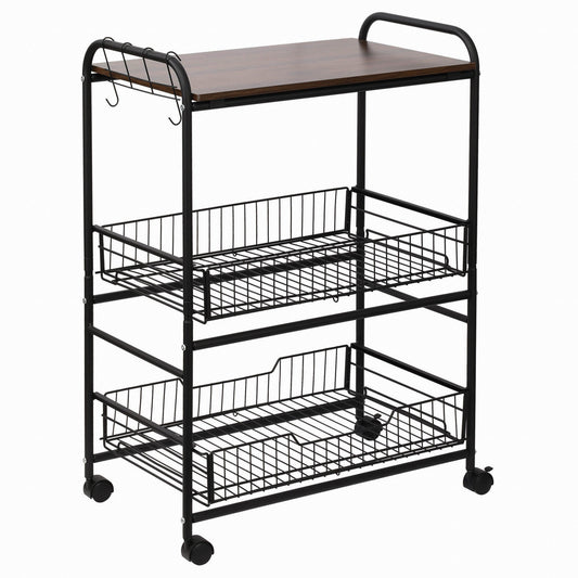 Kitchen Trolley Industrial Style spirits with 4 wheels, 2 baskets and 4 hooks, 60x38x85.5cm - brown/black