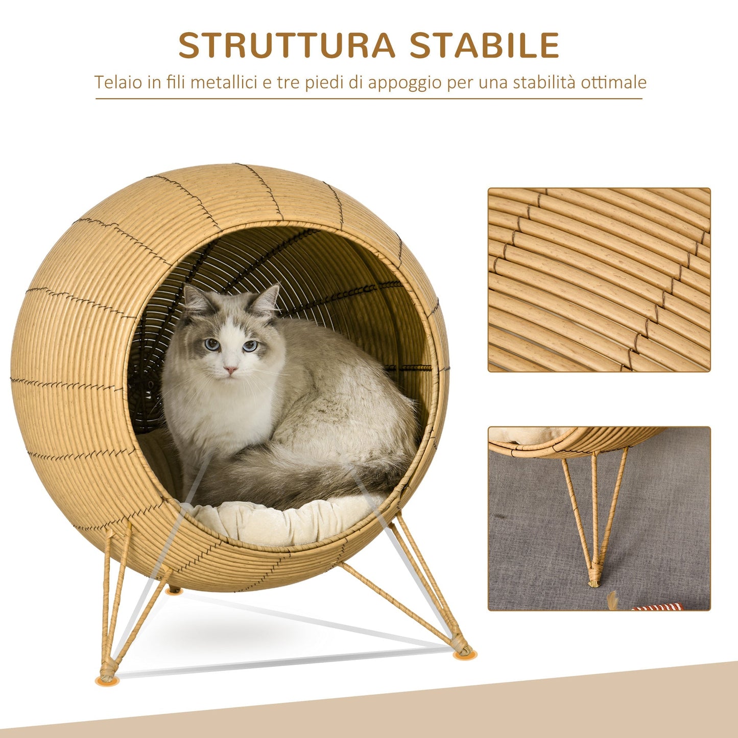 Cats Space for adult cats up to 5kg, raised synthetic wicker basket, clear brown - Borgè