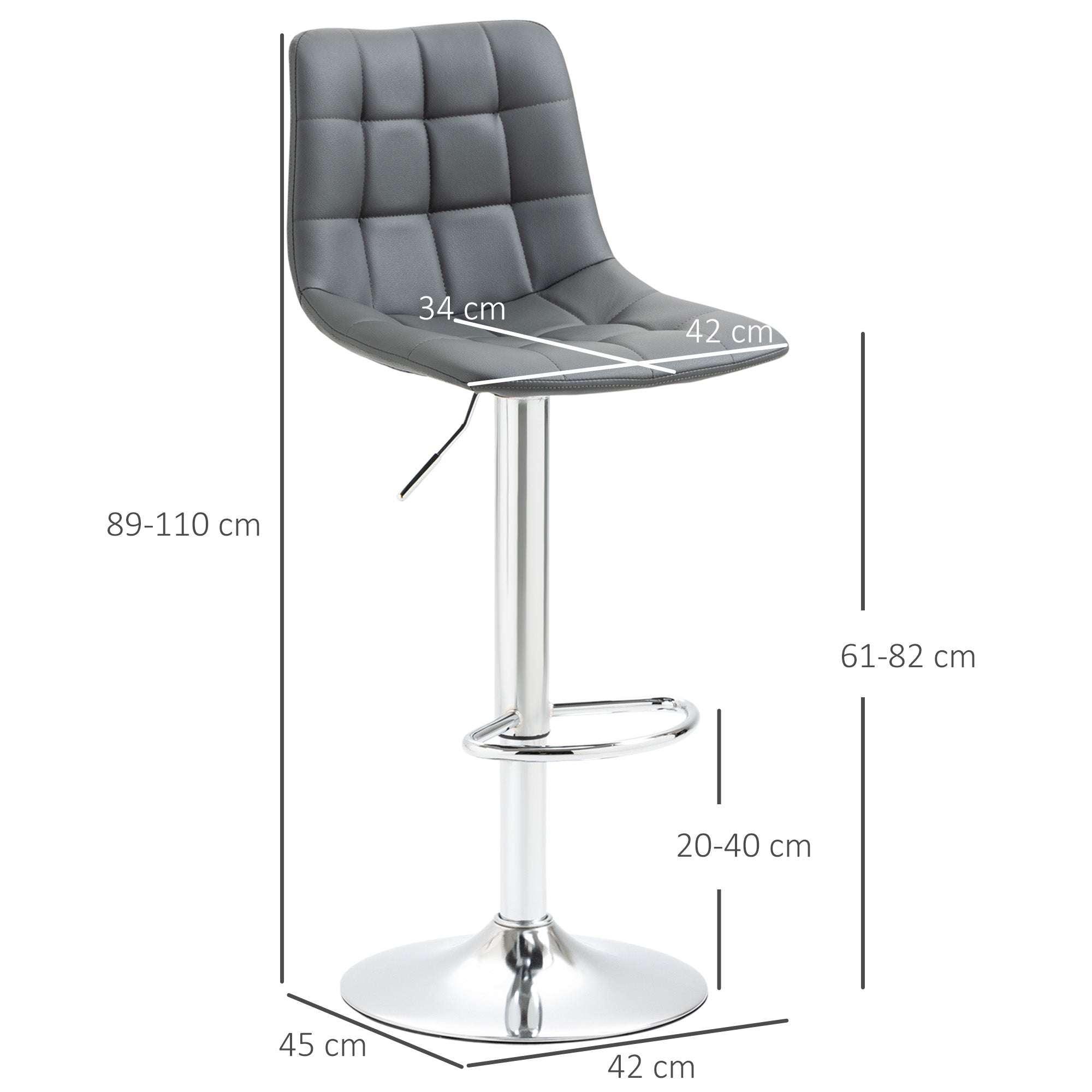 Set 2 swivel bar stools in like backs and backs, 42x45x89-110cm, Grey - Borgè