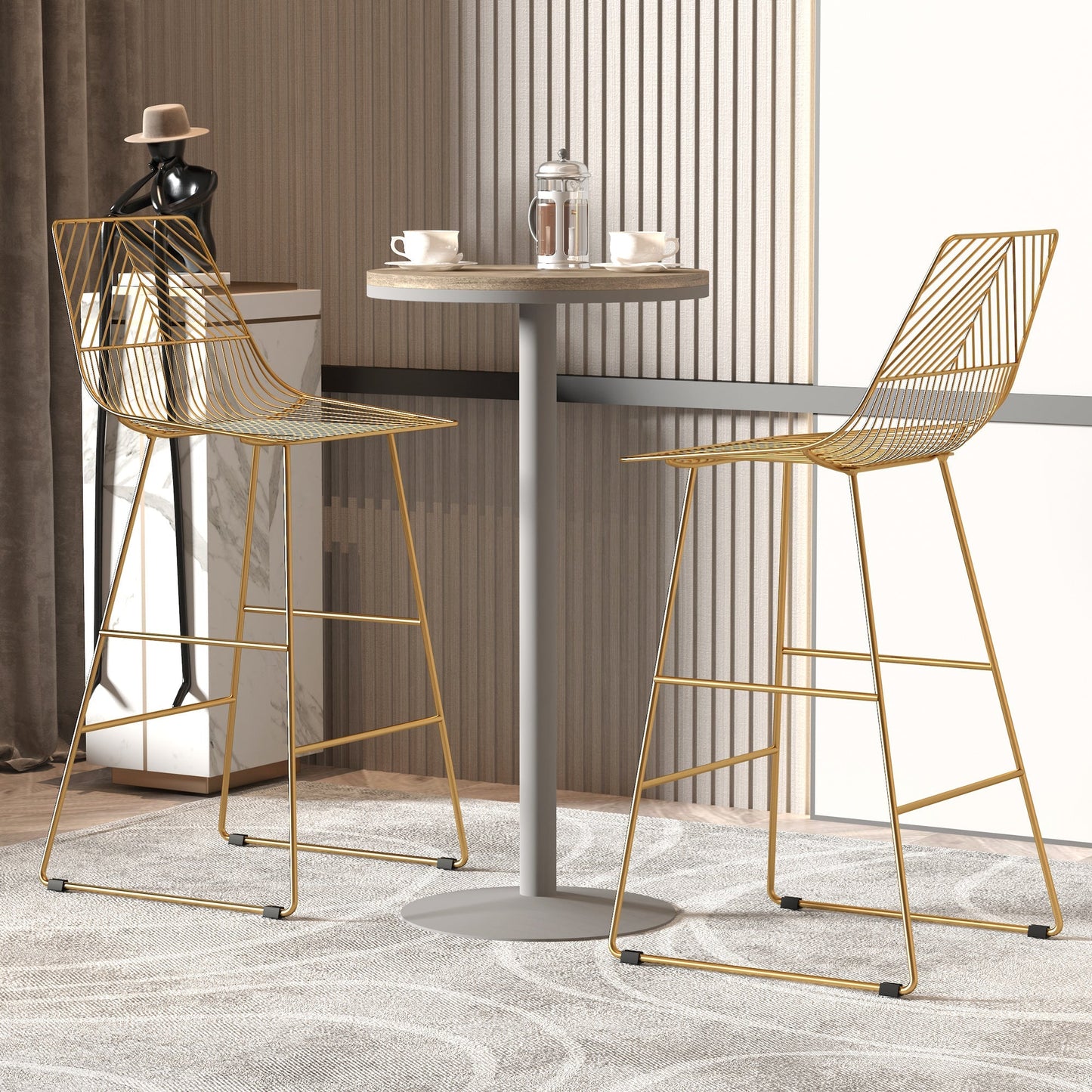 Set of 2 high stools with Gold Metal Footrests