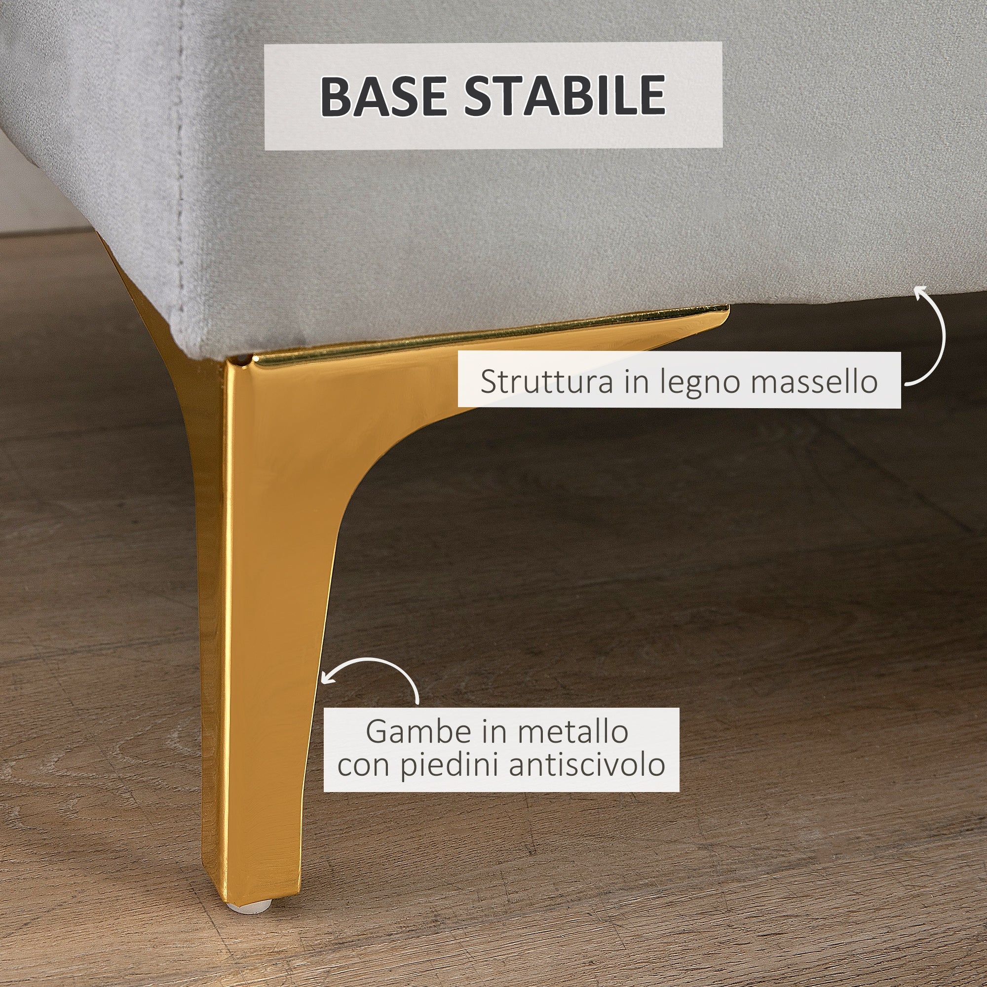 Packable Bench Fund in velvety fabric, Bedroom bench and entrance with quilt decoration, metal feet, Grey - Borgè