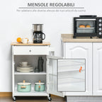 Multiuse saving kitchen cart with drawer, locker and 4 wheels, in white wood, 67x48x86.5cm - white - Borgè