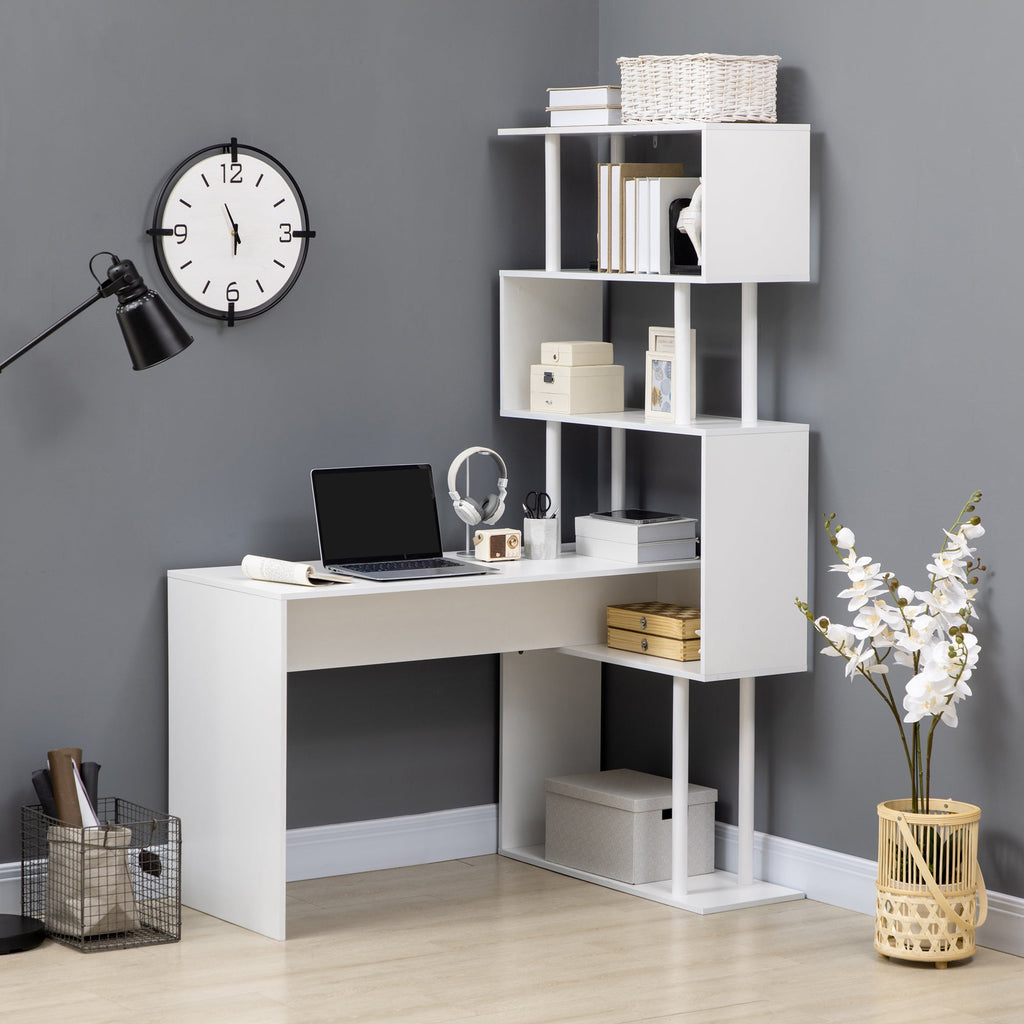 Modern Angular Desk in Chocolate Office and Studio with 4 -level shelf, 120x80x176 cm, white - Borgè