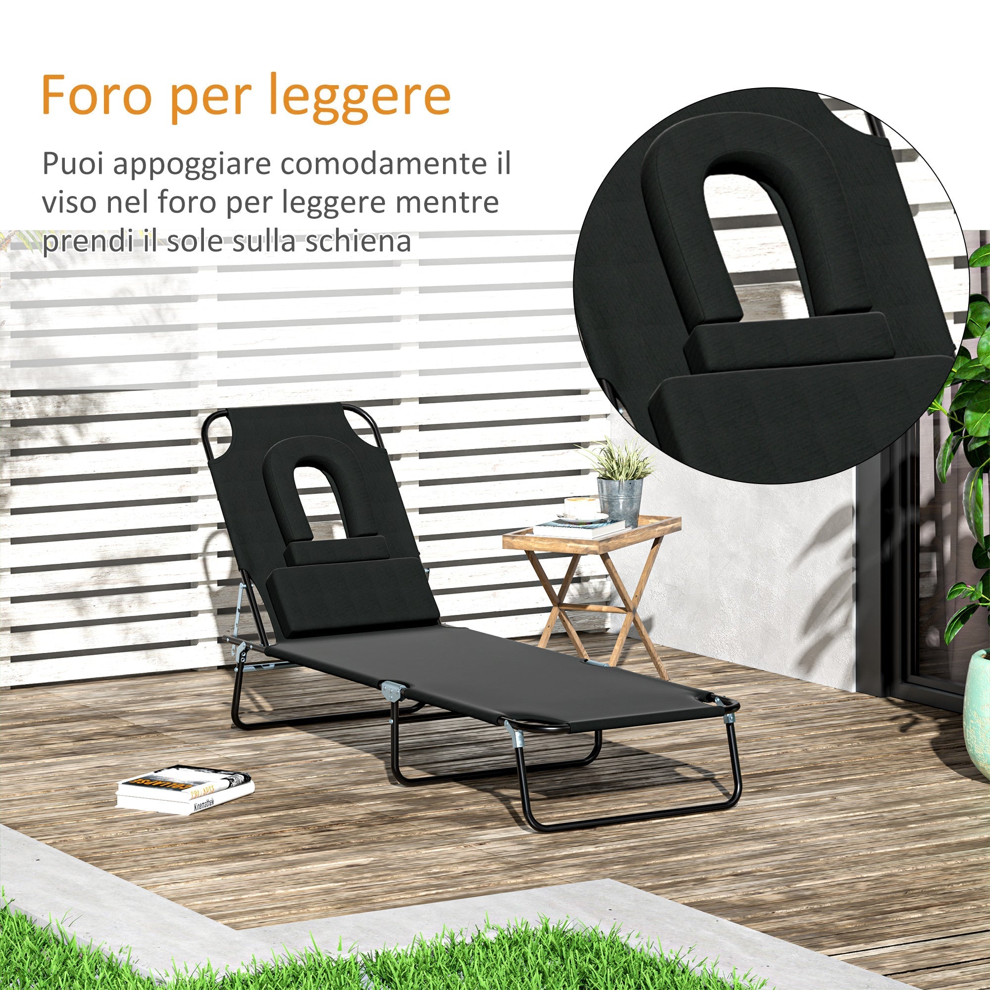 Folding Deck Chair with Face Hole and Pillows, Steel and Oxford Fabric - Borge' Group Limited
