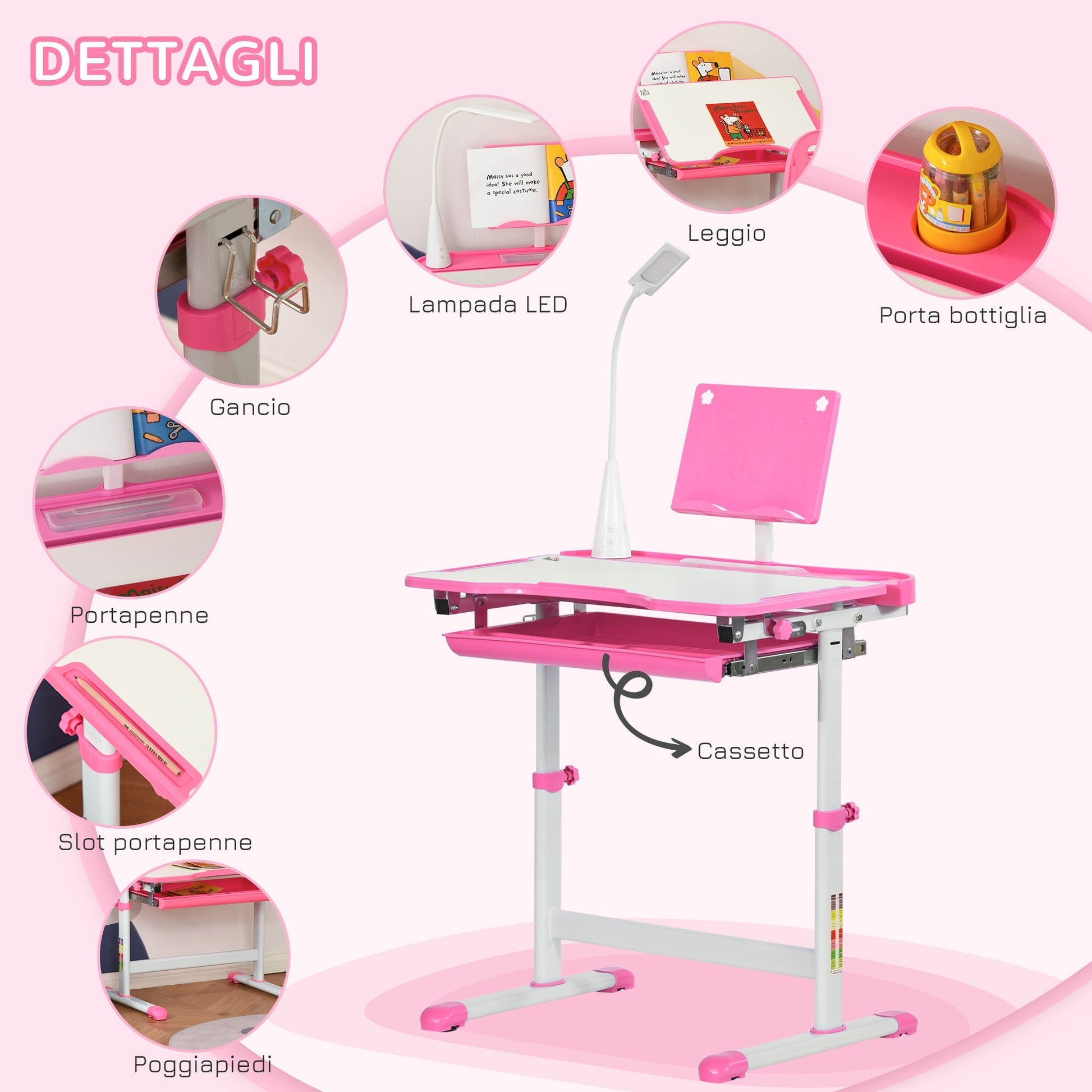 School Desk with Chair for Children 6-12 Years, 70x49. 5x80-105 cm, Pink - Borgè