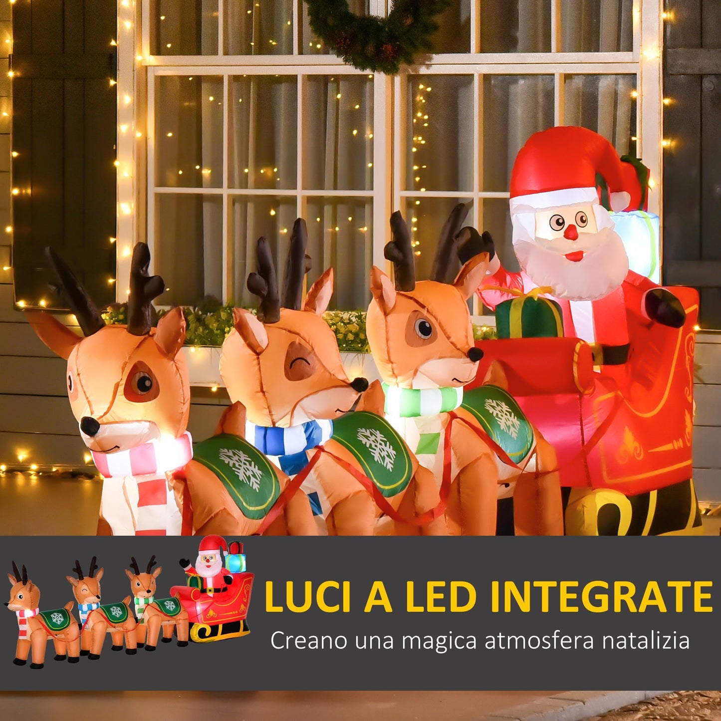 Inflatable Santa Claus with sled and 3 reindeers and lights - Borgè