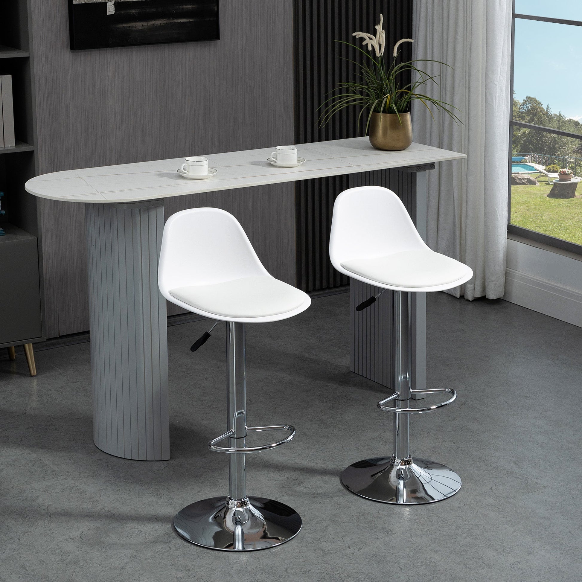 Set 2 swivel bar stools with backrest, footrest and adjustable height, 40x42x82-104cm, white - Borgè