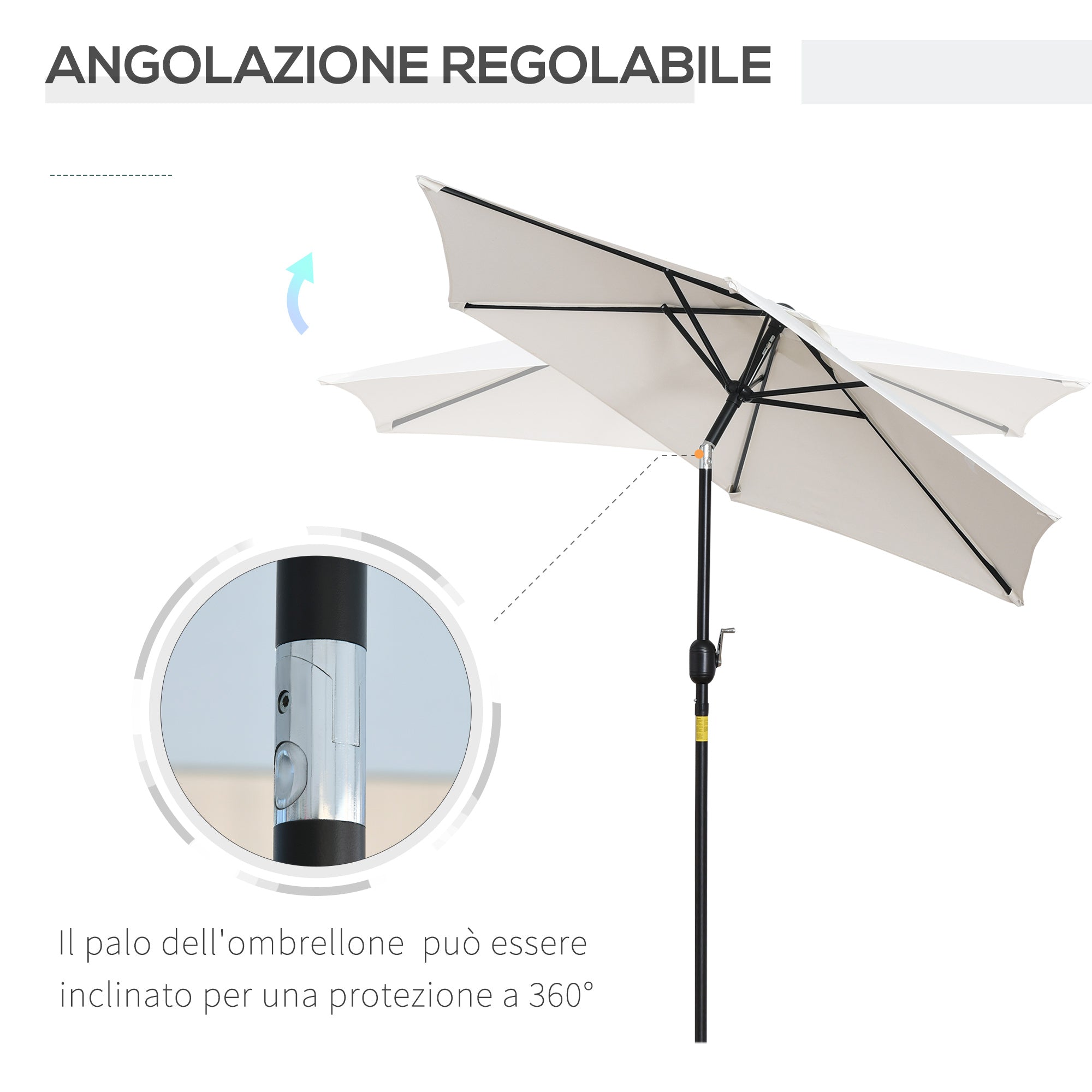 2.3x2.2m Tilting Garden Umbrella with Crank, Metal Pole and 6 Ribs, Cream - Borge' Group Limited