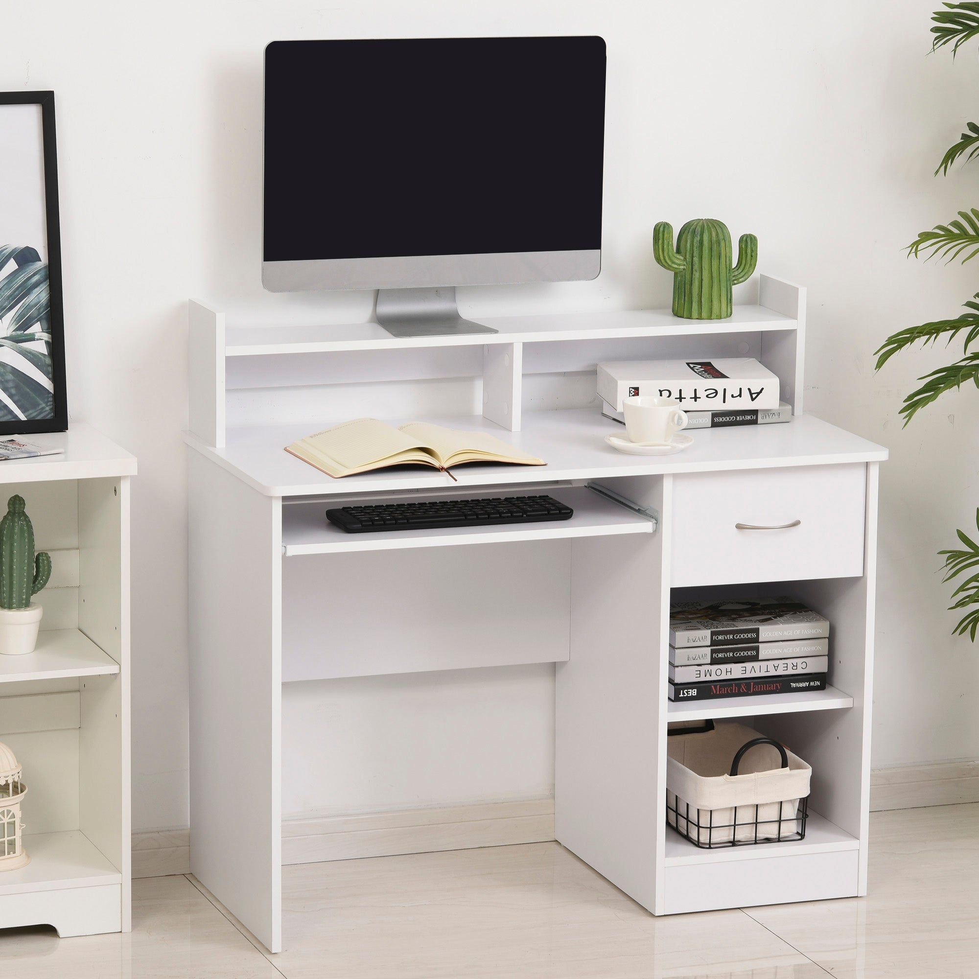 compact desk for white wooden computers with removable keyboard shelf and shelves 104 x 48 x 95.5cm - Borgè